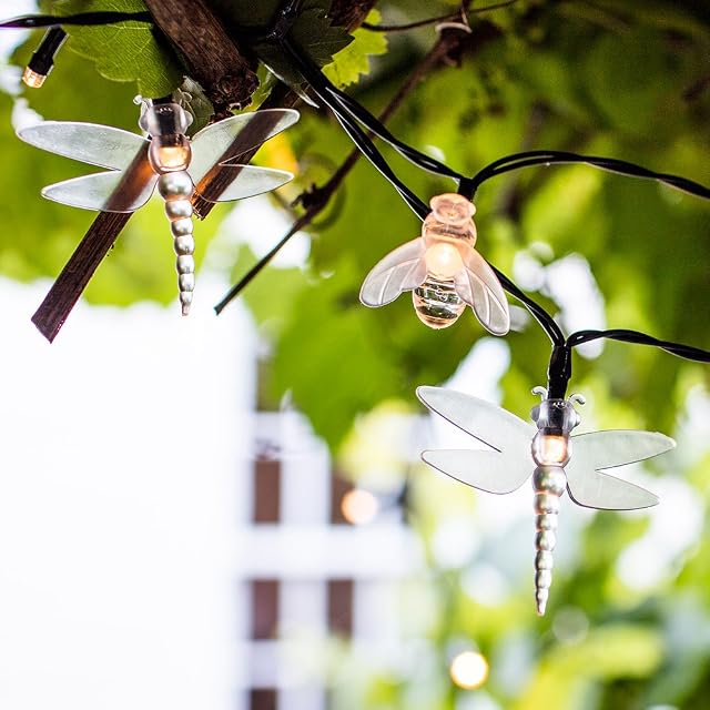 Lights4fun Outdoor Bee & Dragonfly Solar Fairy Lights 20 Warm White LED Green Cable Decorative Garden String Lights IP44 Waterproof