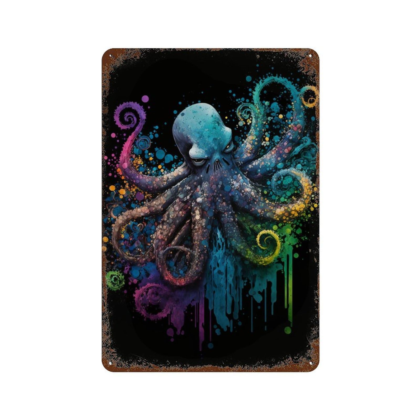 Vintage Metal Tin Sign Colorful Octopus Art Print-1 11.8"x7.9", Classic Wall Plaque for Farmhouse, Kitchen And Entryway Decor