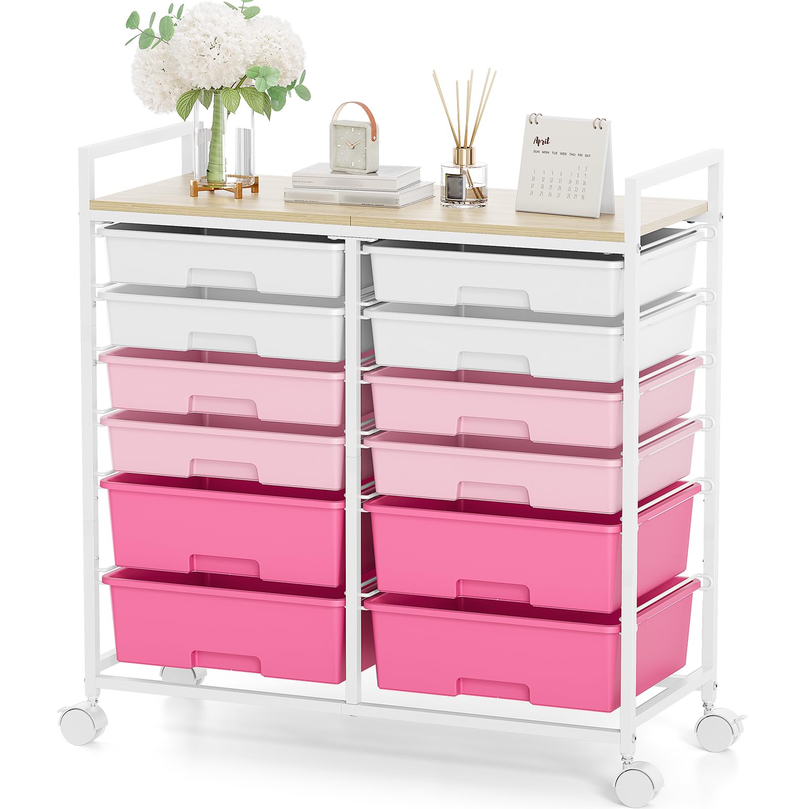 KINGRACK Rollcontainer mit 12 Schubladen und Holzarbeitsplatte, Schubladenschrank für Badezimmer, Küchen, Wohnzimmer und Büros (Rosa)