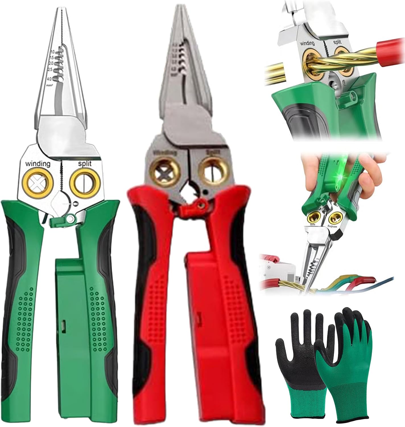 8 in 1 Wire Stripping Pliers with Electricity Measurement, 8 In 1 Wire Stripper With Voltage Tester, Multi-Function Electric Wires Stripping Tool for Cutting and Pulling Pliers (Green+Red)