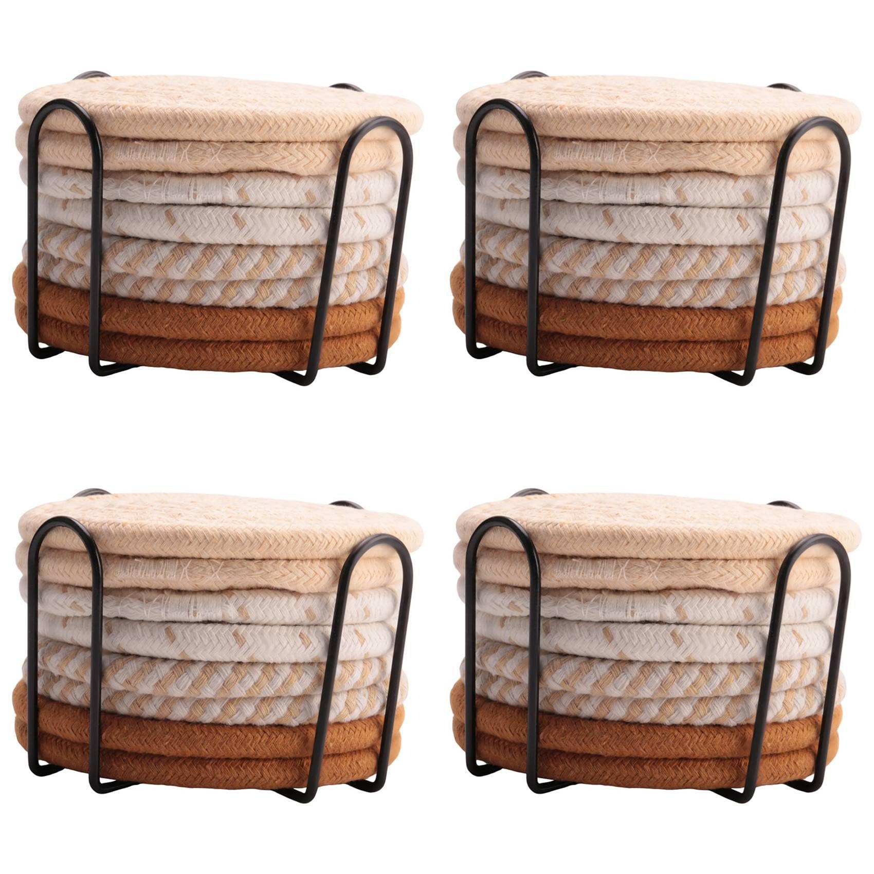 Hndhbfgrt 32 Pcs Drink Coasters with Holder, 4 Colors Absorbent Coasters for Drinks, Cotton Woven Coaster Set for Home Decor A