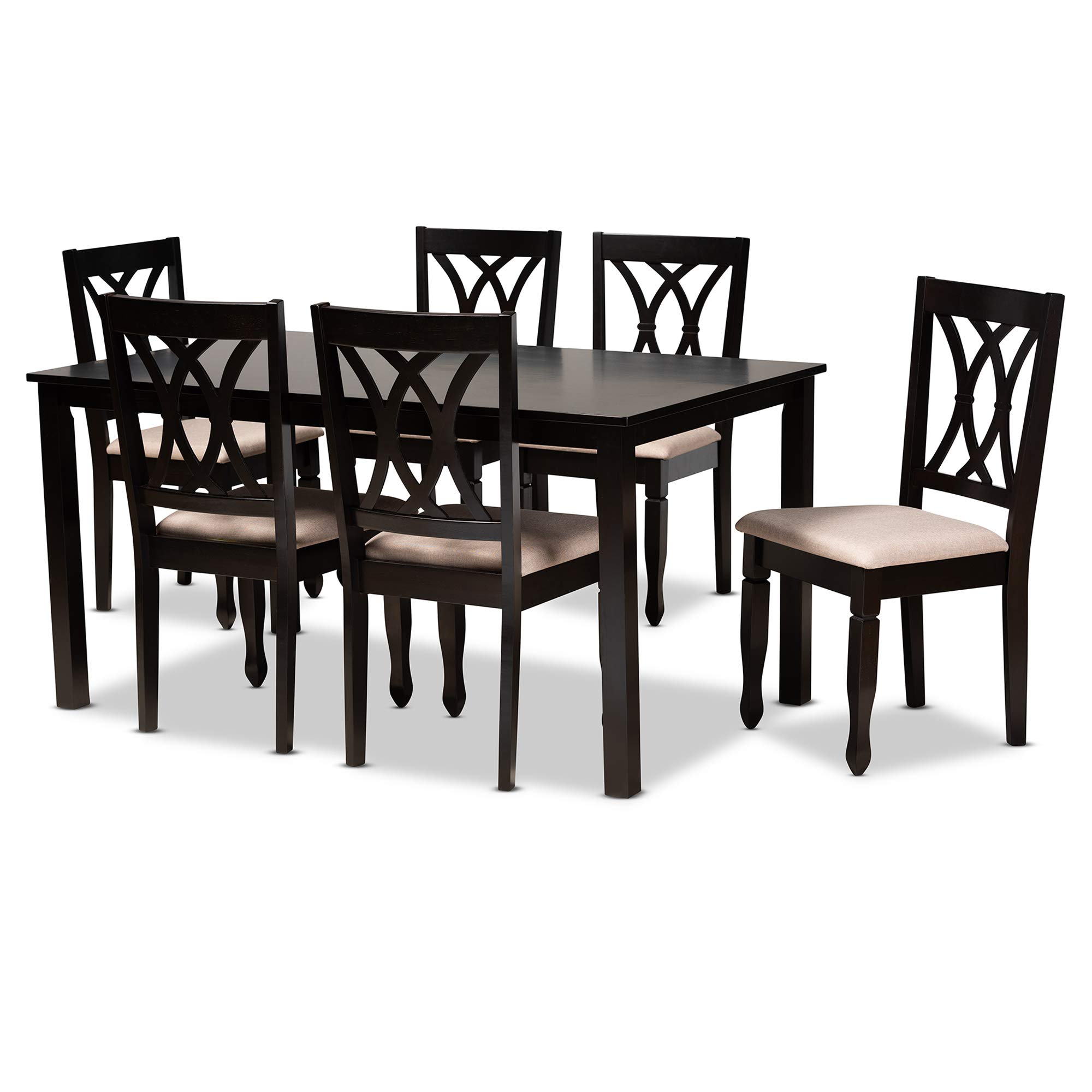 Baxton Studio Petrina Dining Set - Sand Fabric Upholstered Espresso Brown Finished Wood 7-Piece Set