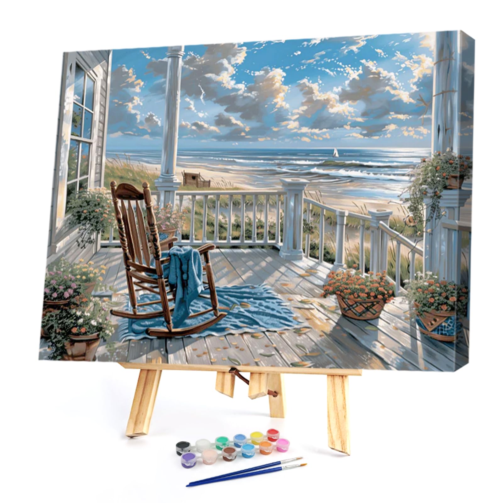 POETRYDRAW Coastal Porch DIY Paint By Numbers Kit on Canvas 40x30cm with Frame Oil Easy Painting by Numbers for Beginners Adults Gift Home Wall Decor (Coastal Porch)