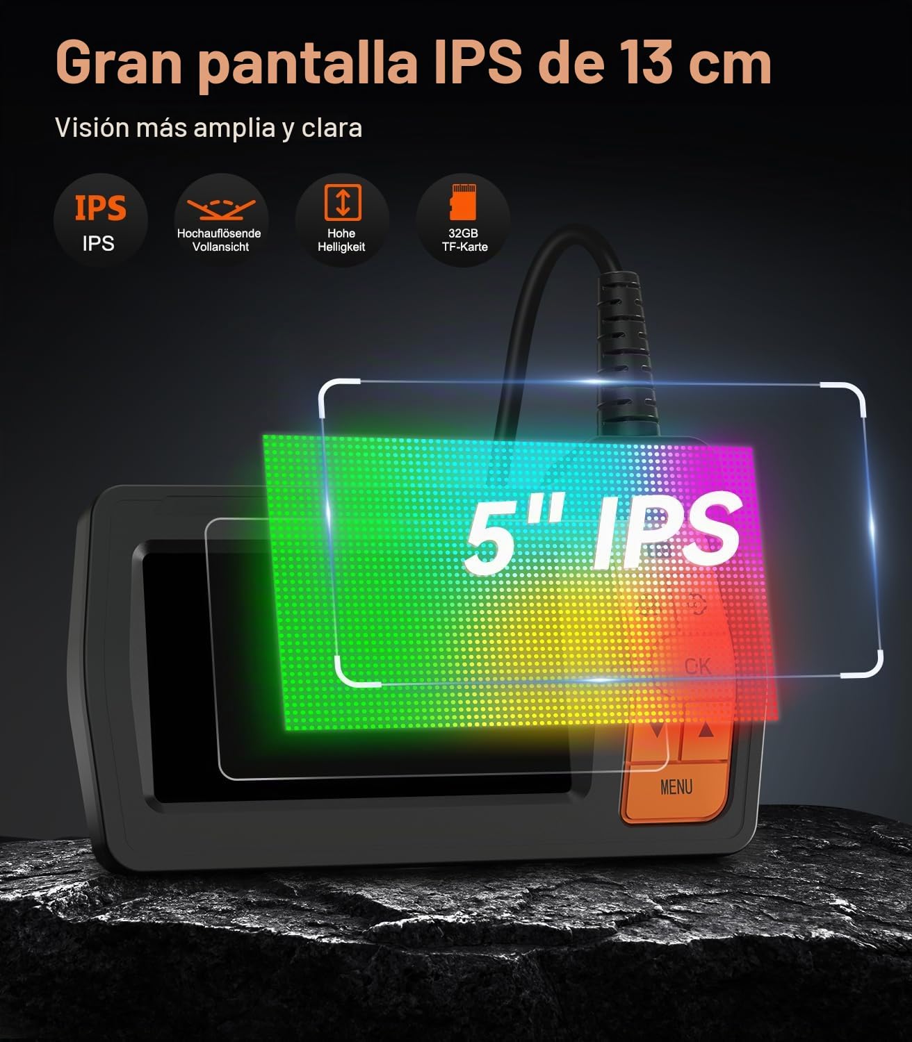 15M Endoscopio Camara de Inspeccion Triple Lente Cámara Endoscópica 5.0'' Pantalla IPS 1080P HD Endoscopio Boroscopio con 8 Luces LED Camara Endoscopica IP67 Camara Inspeccion Tuberias 32 GB