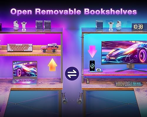 Miniatura 7 de ODK - Escritorio en forma de L de 53 pulgadas con iluminación LED, escritorio reversible para juegos con tomas de corriente, mesa de computadora