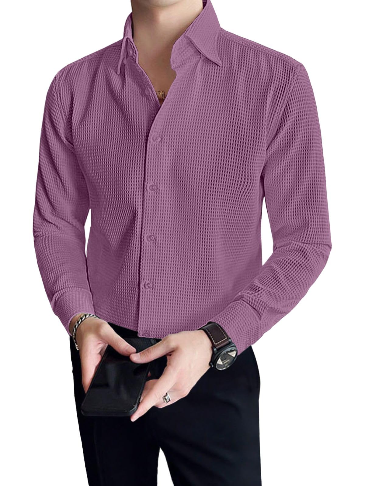 GRECIILOOKSMen's Formal Button Down Shirt – Slim Fit Office Wear Shirt's for Men | Textured Long Sleeve Cotton Blend | Business & Meeting Ready (Available in Plus Size and Combo Pack of 2)