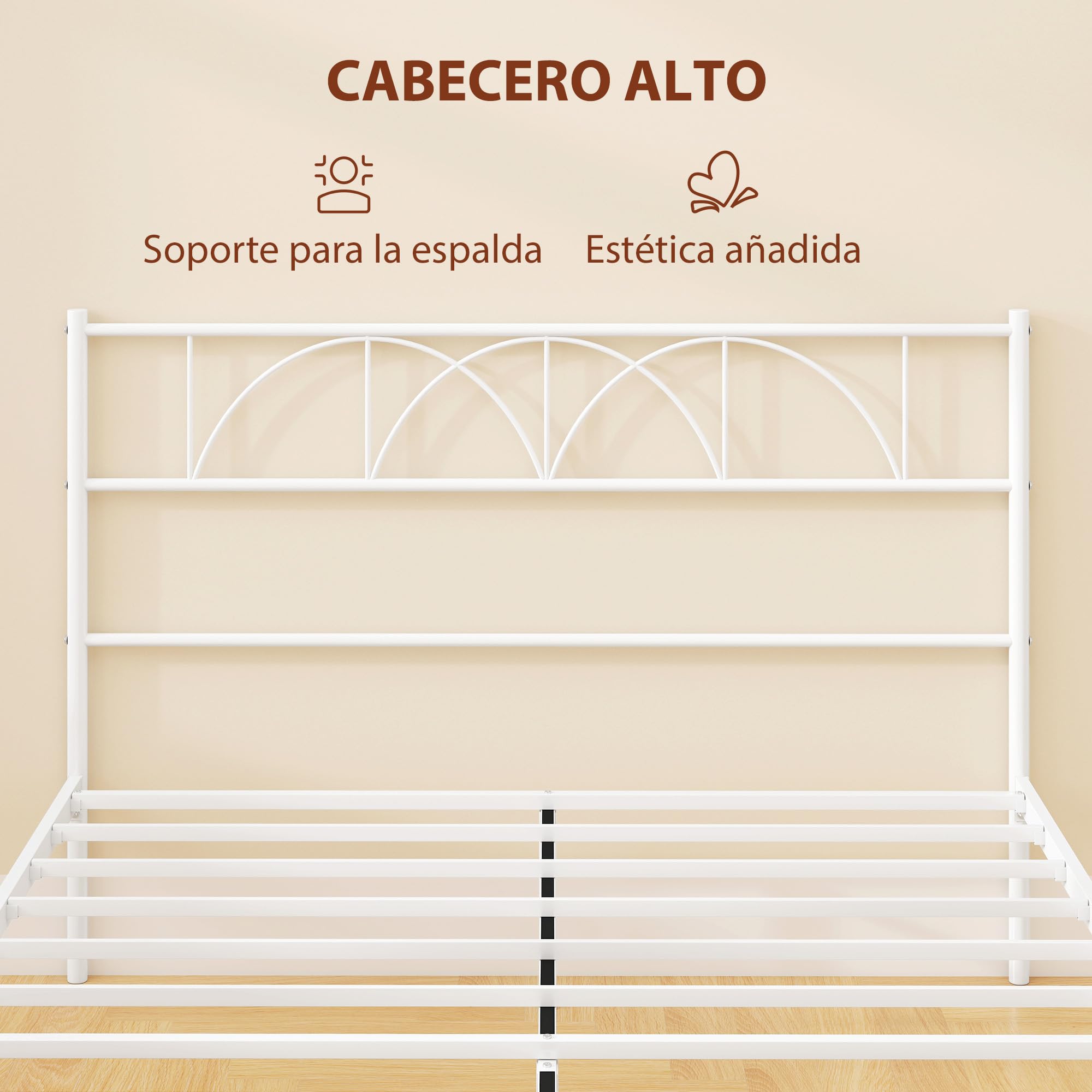 HOMCOM Cama Matrimonio 140x190 cm Estructura Acero Cabecero Almacenamiento Blanco