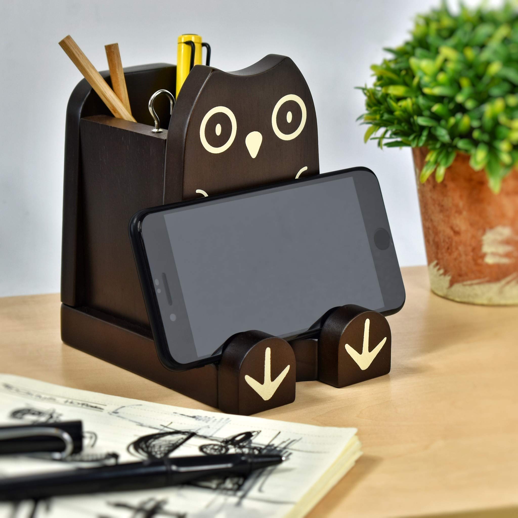 I'm Drewniany wielofunkcyjny okulary telefon długopis i sowa uchwyt na ołówki stojak artykuły pa pudełko na biurko organizer akcesoria dekoracja, dom biuro biurko dekoracja urodziny ukończenie szkoły prezenty 'Dream Big Aim High' (sowa)