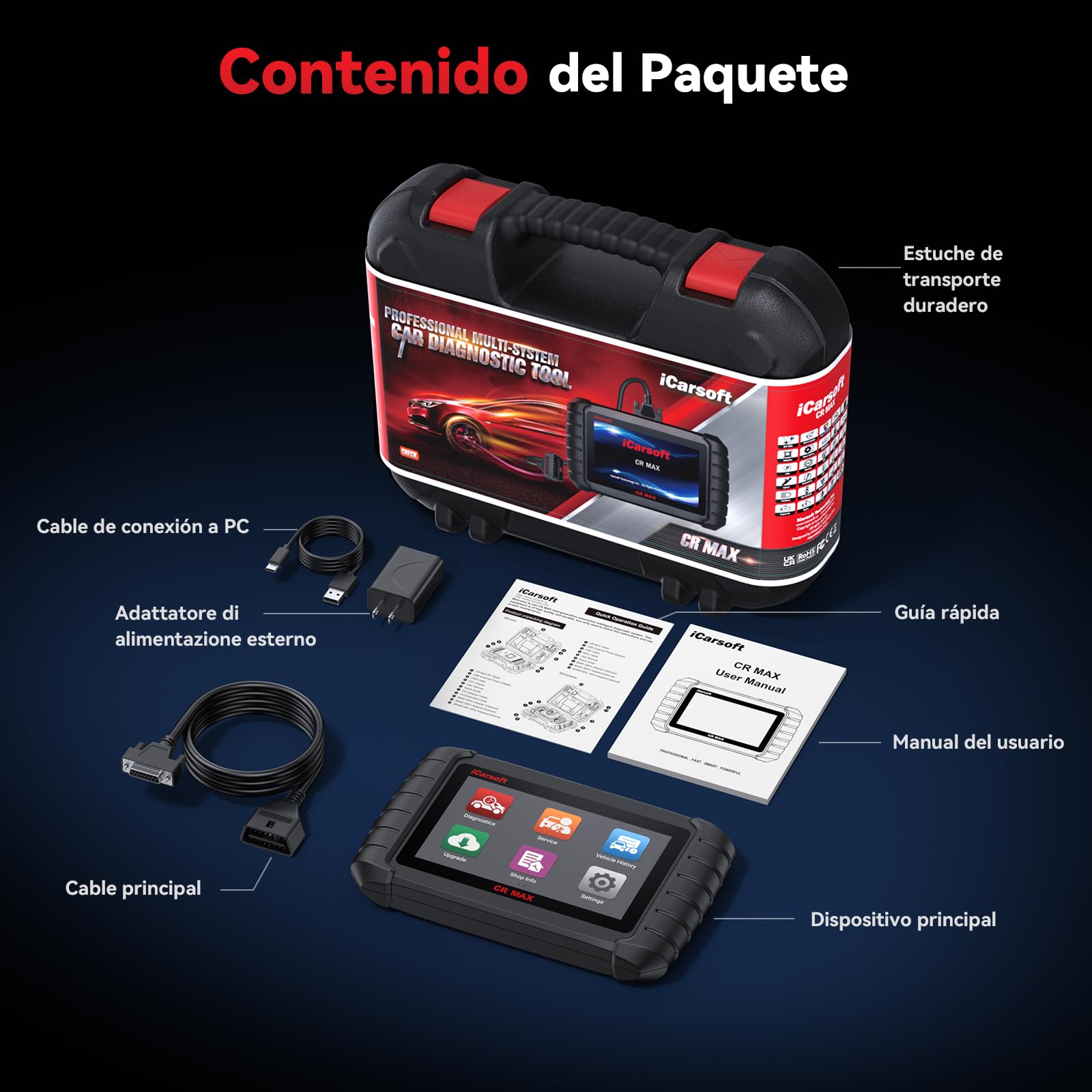 iCarsoft CR MAX OBD2 Máquina Diagnosis Coche Multimarca, Escáner de Todo el Sistema, Detector Fallos Coche con 49 Funciones Reinicio, Codificación ECU, Vin Automático, CANFD, Actualización por WiFi