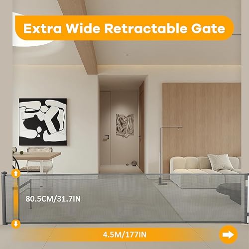 Miniatura 8 de FAHKNS Puerta retráctil para bebés de 118 pulgadas, puertas de seguridad plegables para niños, puerta de barrera de malla extra ancha para perros,
