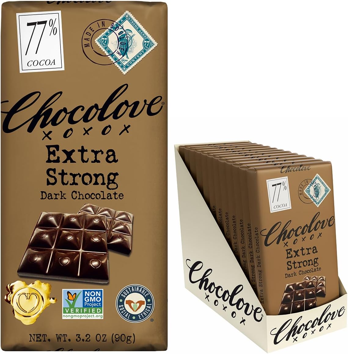 Chocolove Extra Strong Dark Chocolate Bars | 77% Cocoa | Strong & Smooth Premium Dark Chocolate | Rainforest Alliance Certified, Non-GMO, 3.2 oz Bar (12 Pack)