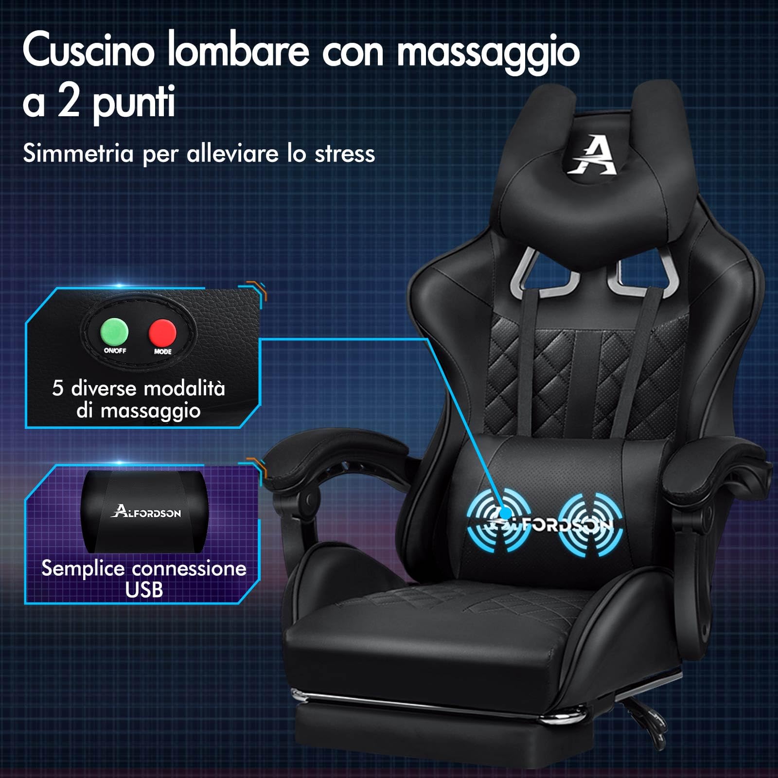 ALFORDSON Sedia Gaming Ergonomica Reclinabile con Cuscino Lombare e Cervicale,Sedia Gamer con Massaggio e Poggiapiedi Retrattile,Altezza Regolabile,Poltrona Ufficio Reclinabile 150°, Similpelle(Nera)