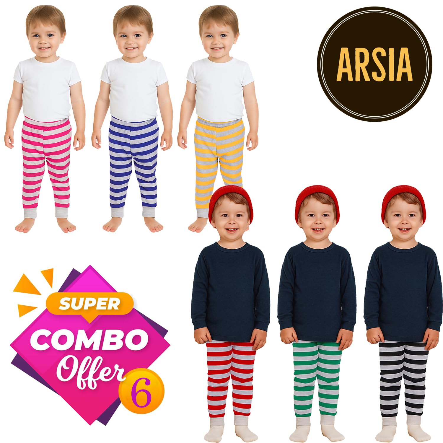 ARSIA kids winter pants Baby Fleece Printed Winter Legging Pants Rib Pajamas Warm Printed Winter Pants Kids Winter Pajamas Lower Winter Wear Trackpants for Baby Boys and Girls Combo (Pack of 6)