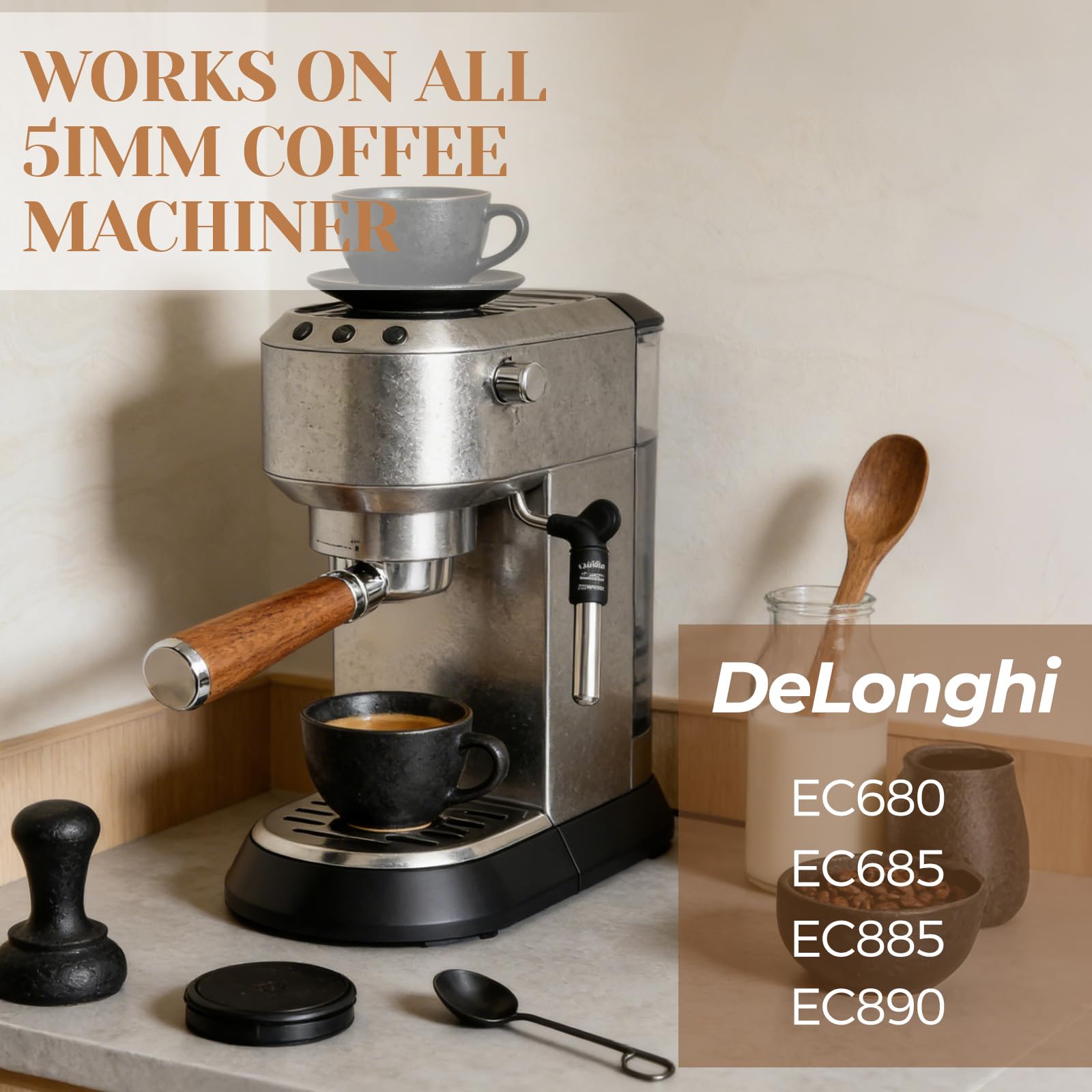 Petyoung Portafiltro Sin Fondo de 51 mm con 3 Orejas, Mango de Madera, Acero Inoxidable, Compatible con DeLonghi EC680/EC685/EC885/EC890, para Máquinas de Café en Casa