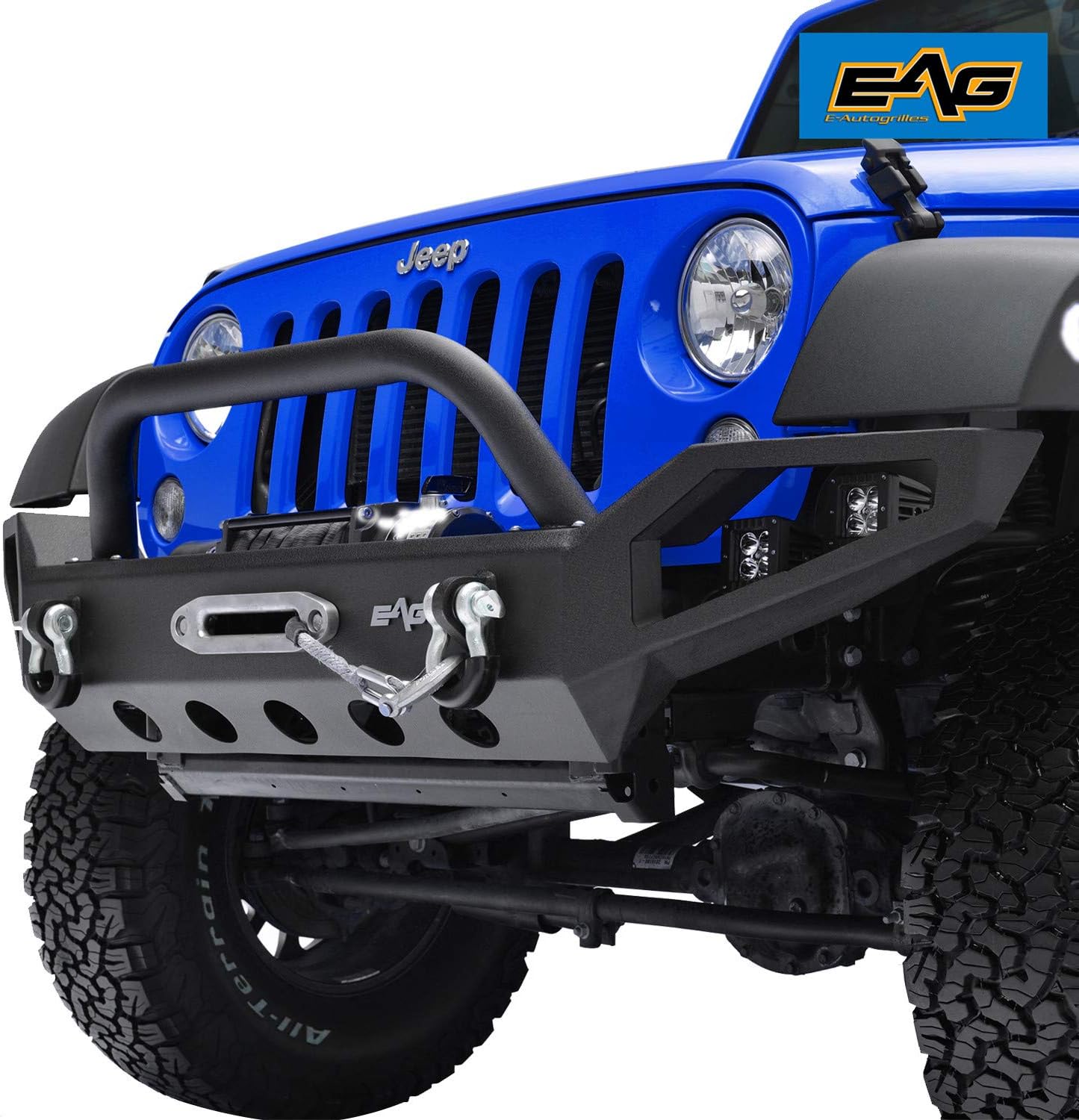EAG Full Width Front Bumper with LED Lights and Winch Plate Fit for 07-18 Jeep Wrangler JK Rock Crawler