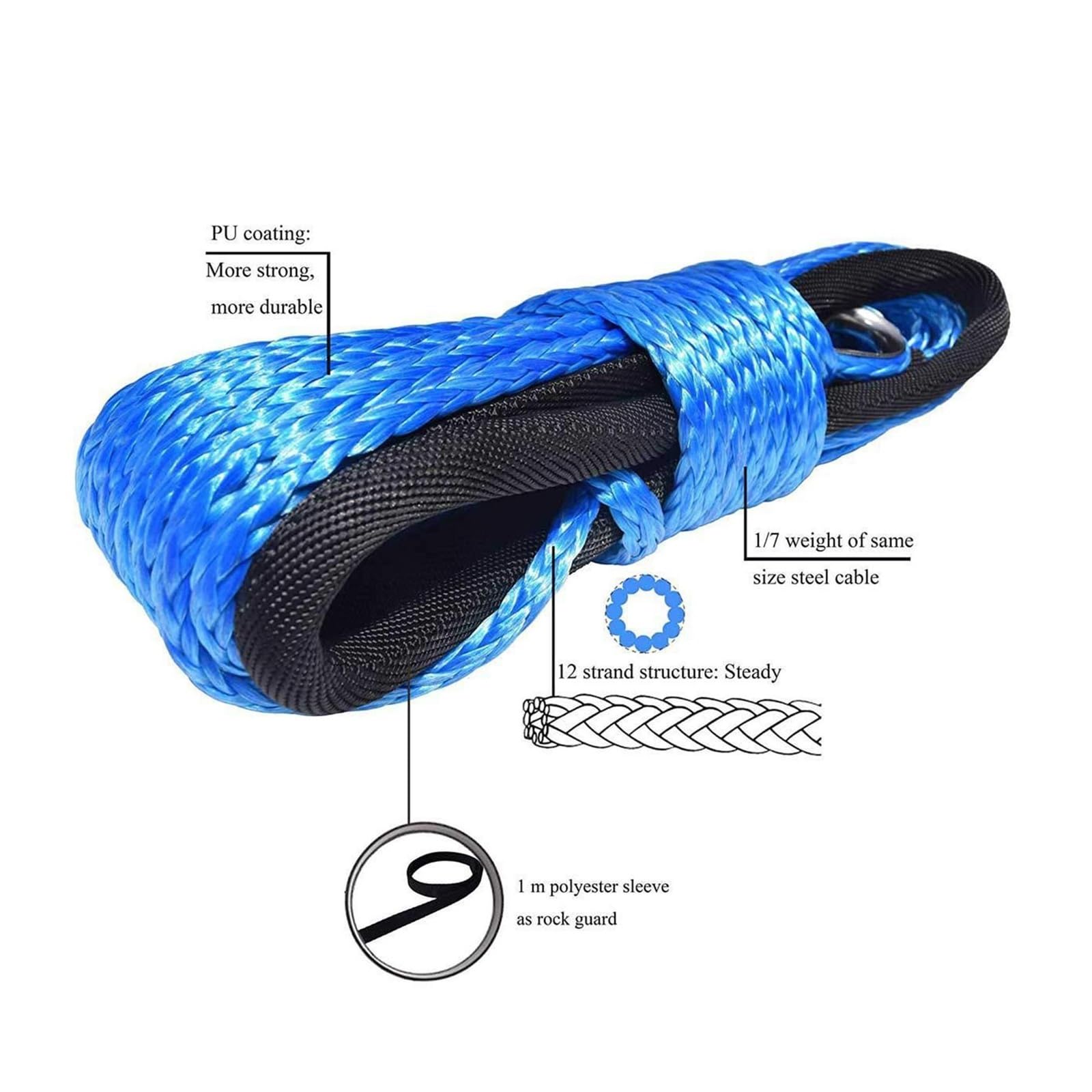 15m X 6mm Syntetyczna Lina Wyciągarki 7700Lbs Wciągarka Przyczepy Z Hakiem Holownicza Do Ciężarówki ATV UTV Łódź 3 Kolory Silna Odporność(Blue)