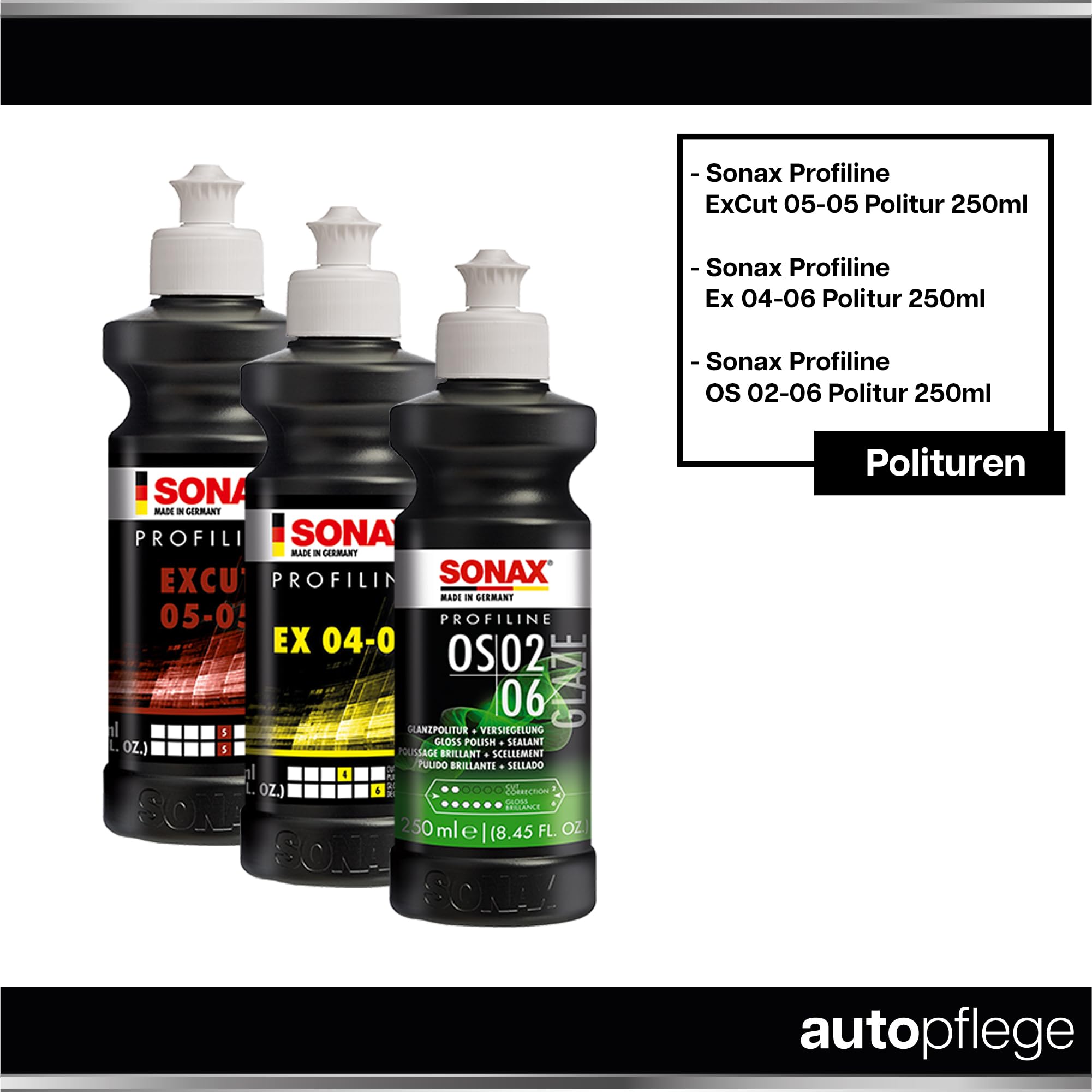 Sonax Profiline ExCut 05-05 - Juego de abrillantador para coche (antiarañazos profundos, EX 04-06, abrillantador de acabado OS 02-06, abrillantador rápido, 3 almohadillas de pulido de mano y 3 paños