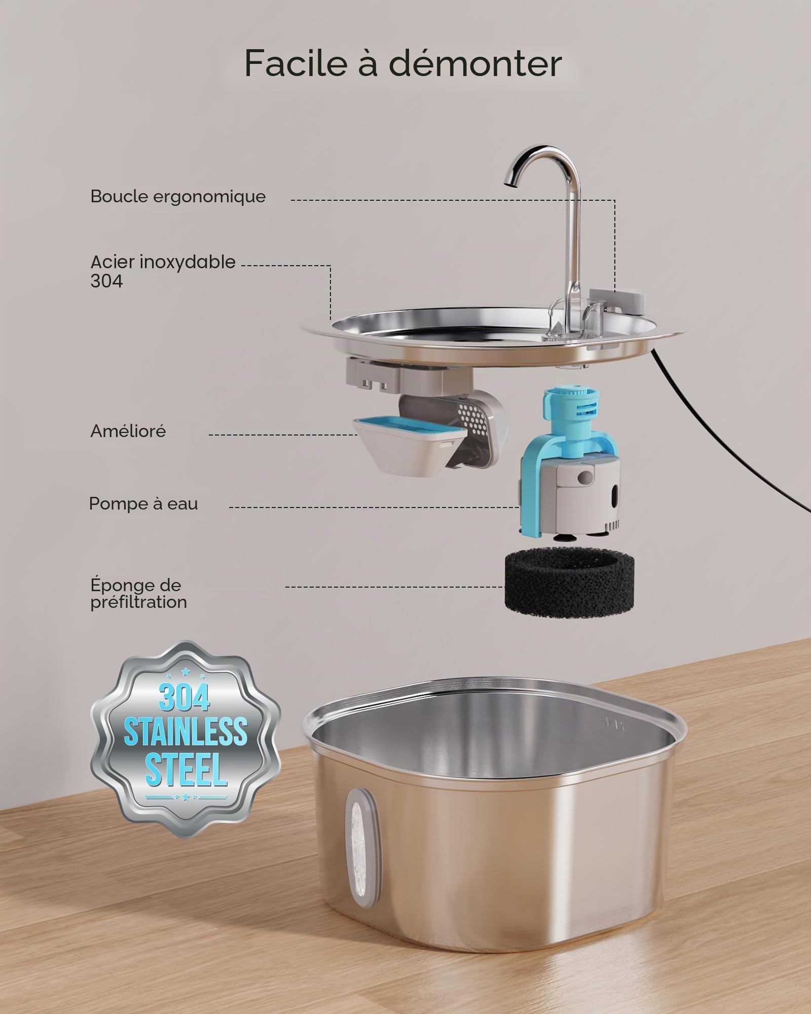 Fontaine à Eau pour Chats PEKTACO en Acier Inoxydable – Fontaine 3.2L pour Intérieur avec Indicateur de Niveau d'eau, Fontaine pour Chats et Chiens, 6 Filtres + 6 Éponges