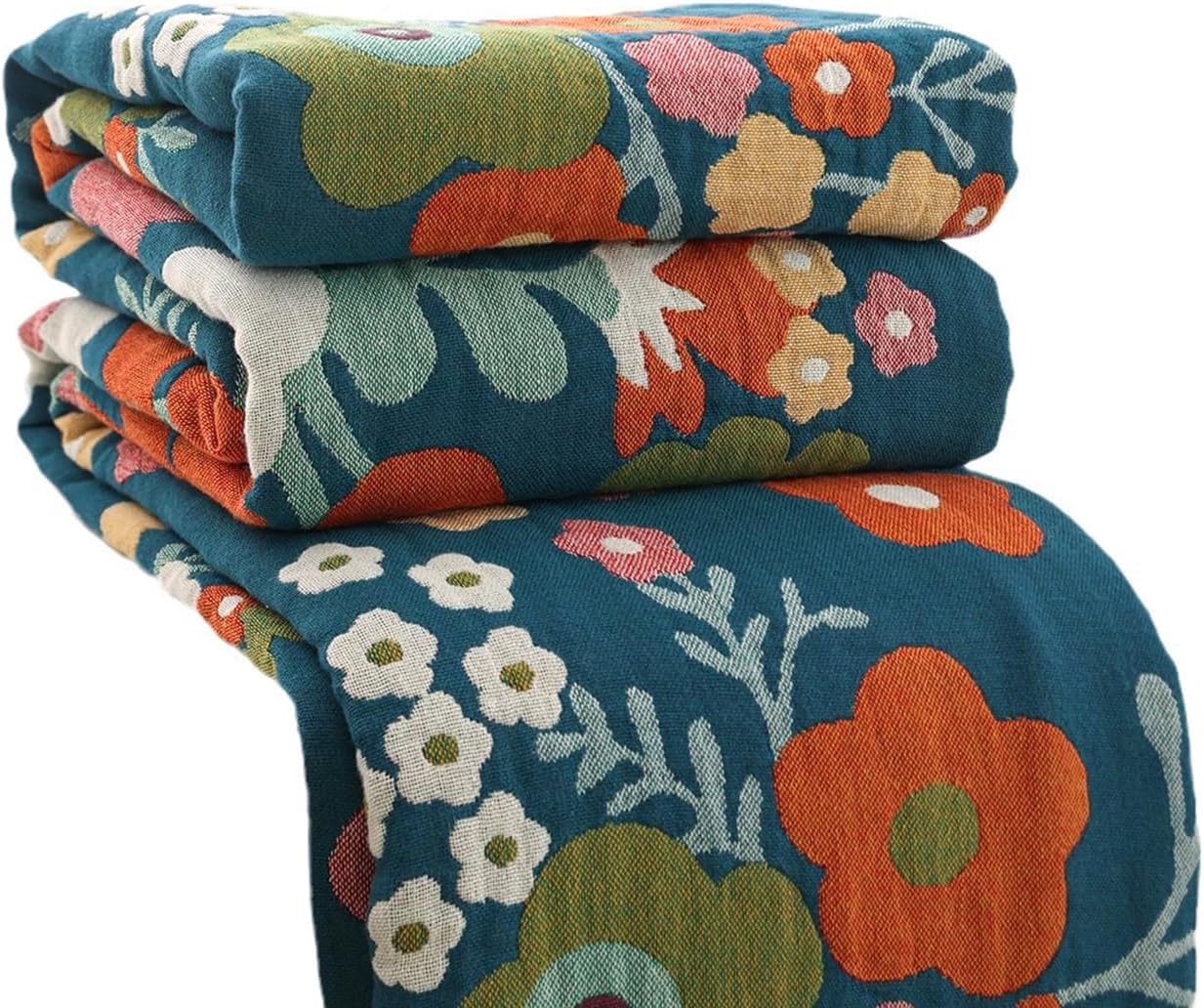 Boho Throw Blanket 60"x80", 100% Cotton Muslin Blankets for Couch Bed Sofa Chair, 4-Layer Soft Cozy Quilt Travel Blanket with Floral, Farmhouse Decor,All Seasons(Blue)