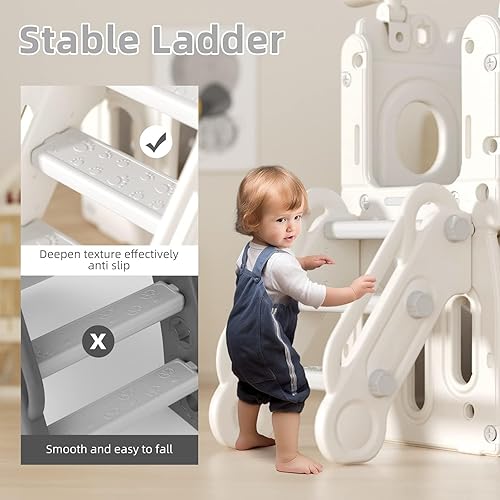 Miniatura 8 de KORIMEFA Juegos de parque infantil 5 en 1 para patios traseros al aire libre, juego de tobogán para niños en interiores con almacenamiento y pelota