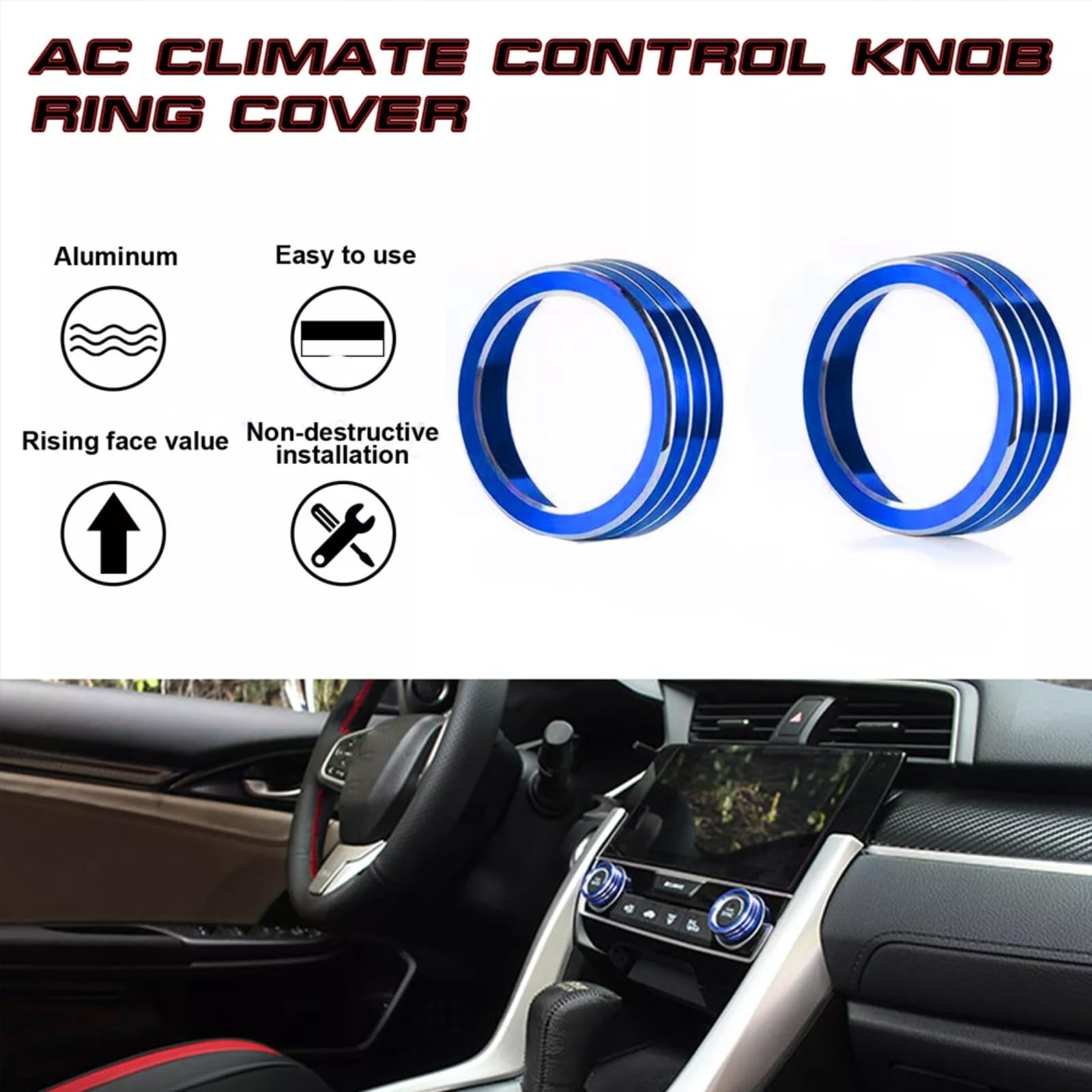1 Paire de bagues de contrôle en Aluminium pour Bouton AC pour Honda Civic 10e génération 2016-2021 - Accessoires décoratifs pour intérieur de Voiture - Bleu