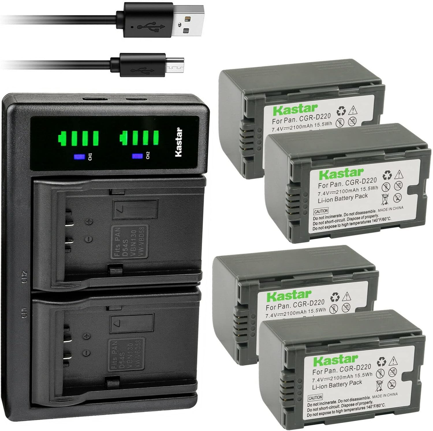 Kastar 4-Pack CGR-D16S Battery and LTD2 USB Charger Compatible with Panasonic CGR-D28 CGR-D28A/1B CGR-D28R CGR-D28S CGR-D28SE/1B CGR-D320 CGR-D320A/1B CGR-D320E/1B VW-VBD25 Battery