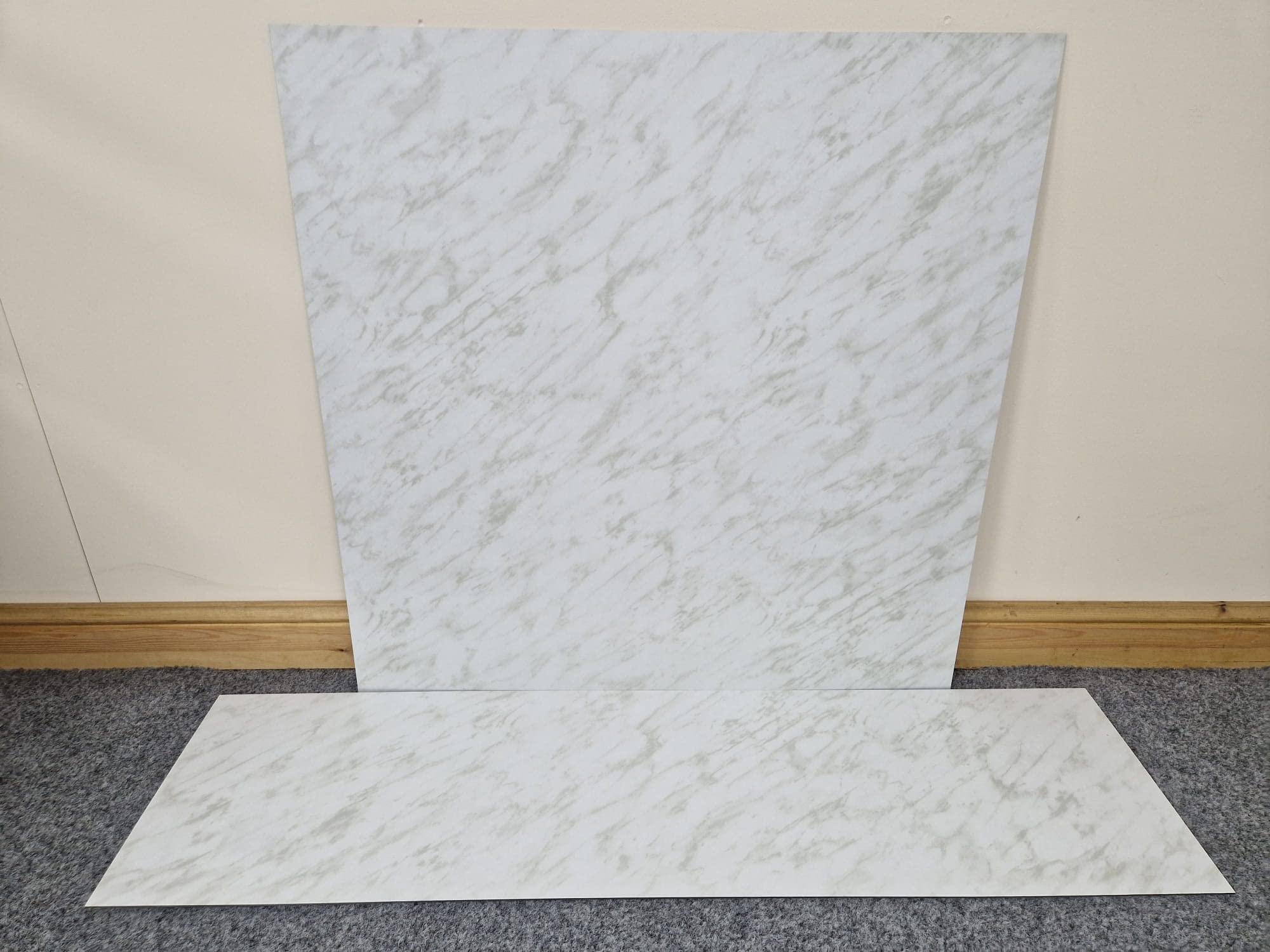 White Marble Effect HPL Laminate Fireplace Back Panel & Hearth Set, Back Panel- 920mm x 920mm Hearth -1334mm x 362mm Laminate HPL (White Marble)