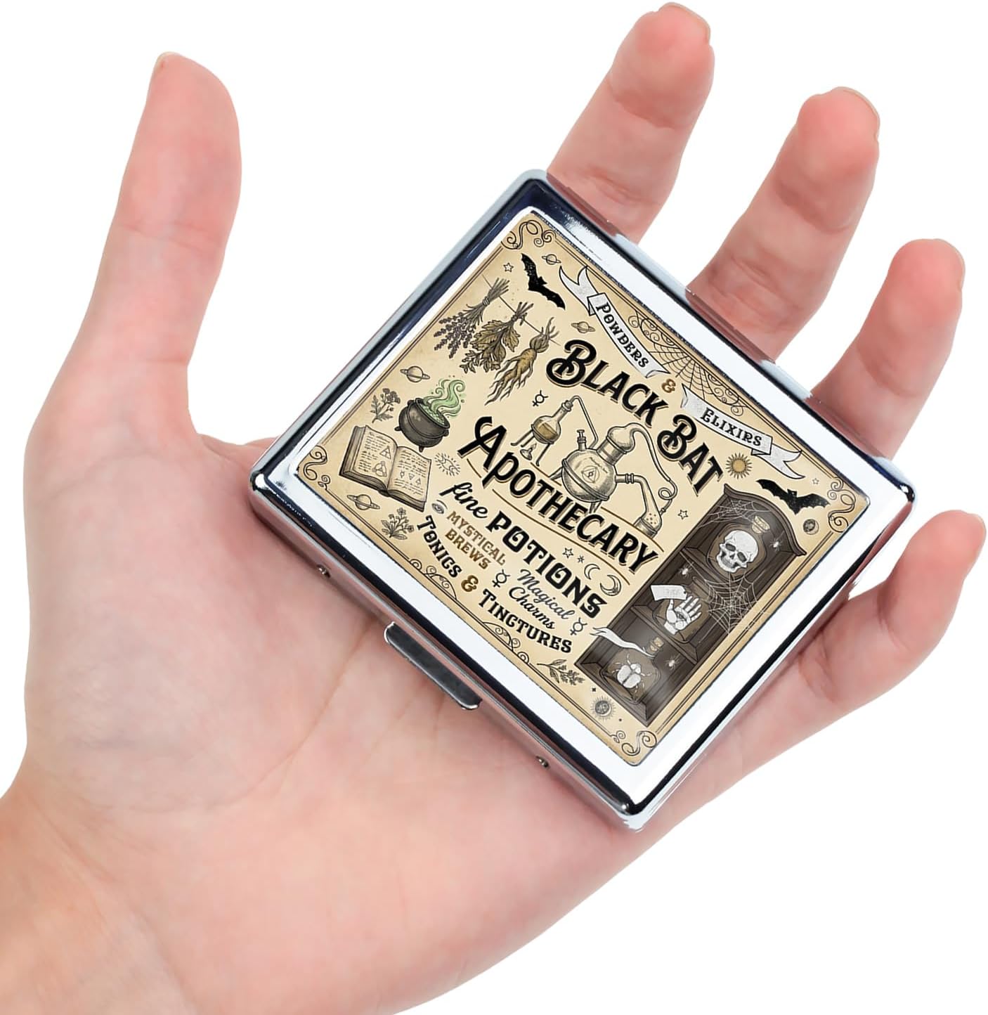 7 Days Chromed Shiny Silver Pill Organizer with Mirror Inside Has 8 Separate Compartments Rectangle Cute Travel Pill Organizer for Purse 7 Days (Black)