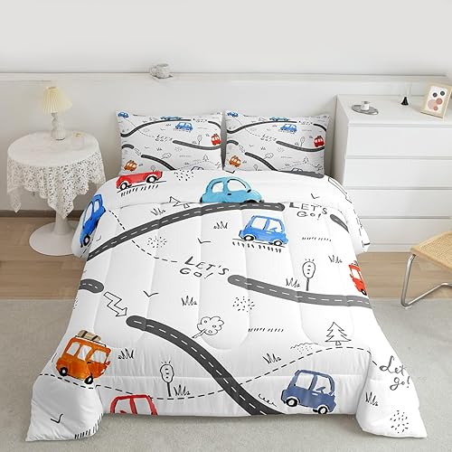 Feelyou Juego de ropa de cama de coche de dibujos animados para niños, juego de edredón para niños y niñas, decoración de automóvil, edredón de mapa