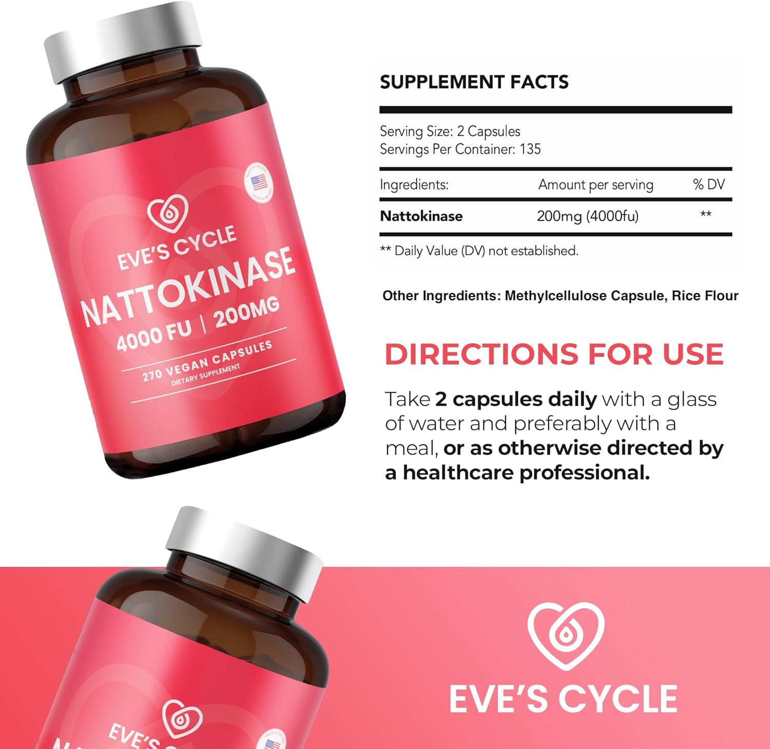 Eve's Cycle Nattokinase Supplement 4000 FU - 270 Vegan Natto Capsules - Premium Japanese Enzyme, Natural Blood Thinner, Organic, No Stearates, Non-GMO, Made in USA