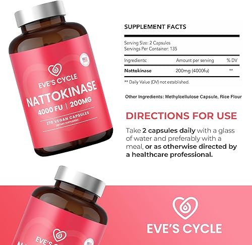 Miniatura 6 de Eve's Cycle Suplemento Nattokinase 4000 FU - 270 cápsulas veganas de Natto - Enzima japonesa premium, anticoagulante natural, orgánico, sin