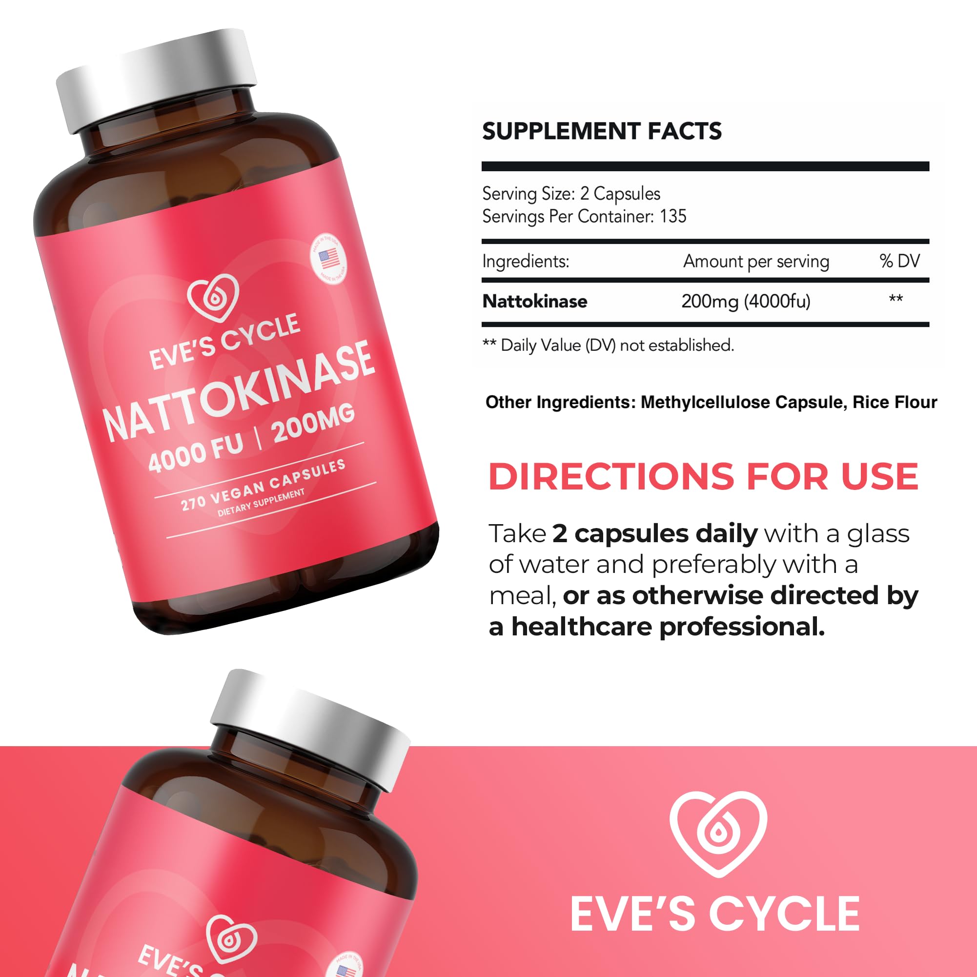 Eve's Cycle Nattokinase Supplement - Premium Japanese Enzyme, Natural Blood Thinner, Organic, No Stearates, Non-GMO, Made in USA — Amazon image 6