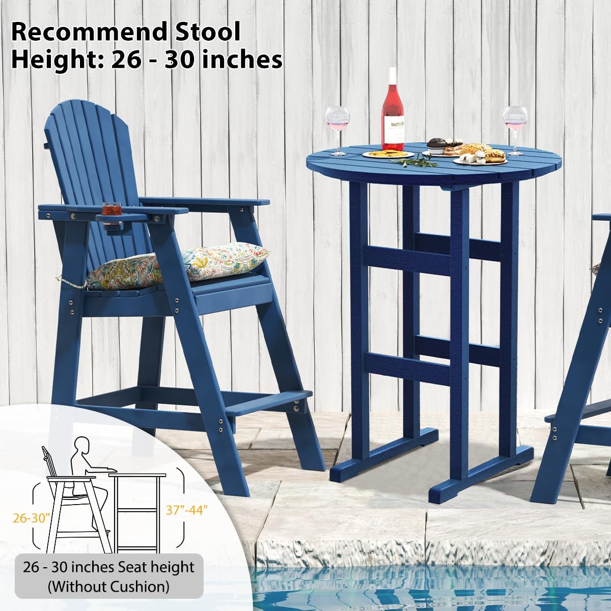 Sundale Outdoor Adirondack Round Bar Table, 39 Inch Height Patio Large Pub Table for 4, All Weather HDPE High Top Bistro Counter Table for Outside Deck Porch Balcony Poolside, Navy Blue