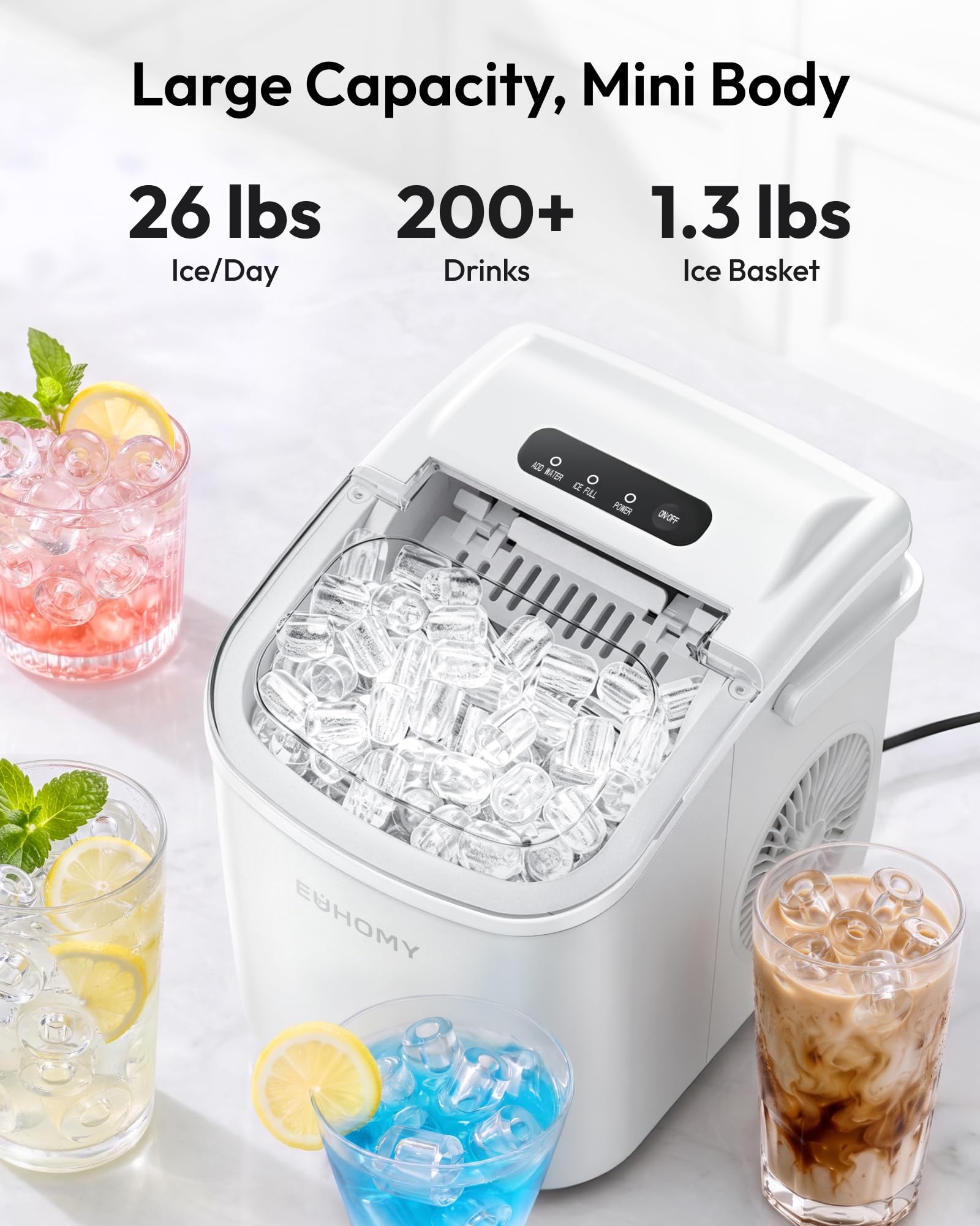 EUHOMY Máquina de cubitos de hielo de acero inoxidable, 24 cubitos de hielo en 13 minutos, 24 kg/24 h, máquina de hielo autolimpiable de 3,2 L con pala de hielo y cesta Blanca