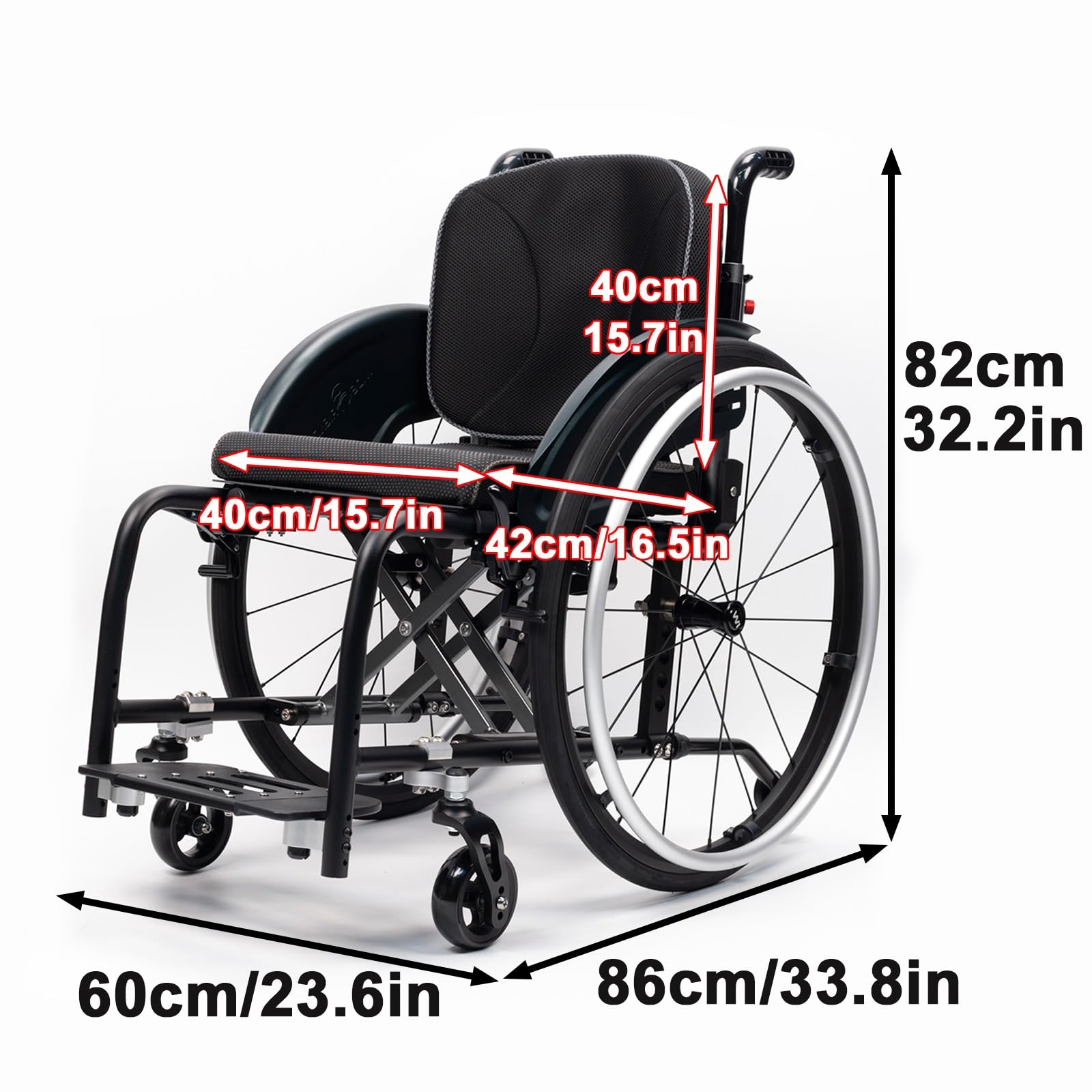 Wózek inwalidzki ze stopu aluminium, lekki, z własnym napędem, wyposażony w opony terenowe, zdejmowany podnóżek (szerokość siedziska: 40 cm)