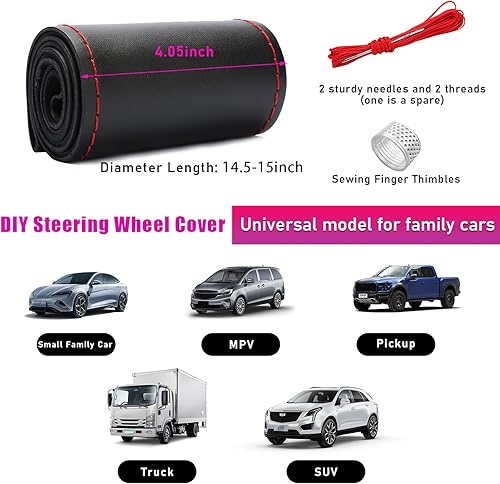Miniatura 8 de Funda de cuero genuino para volante, protector transpirable antideslizante para volante de automóvil de diámetro máximo de 15 pulgadas, costura DIY