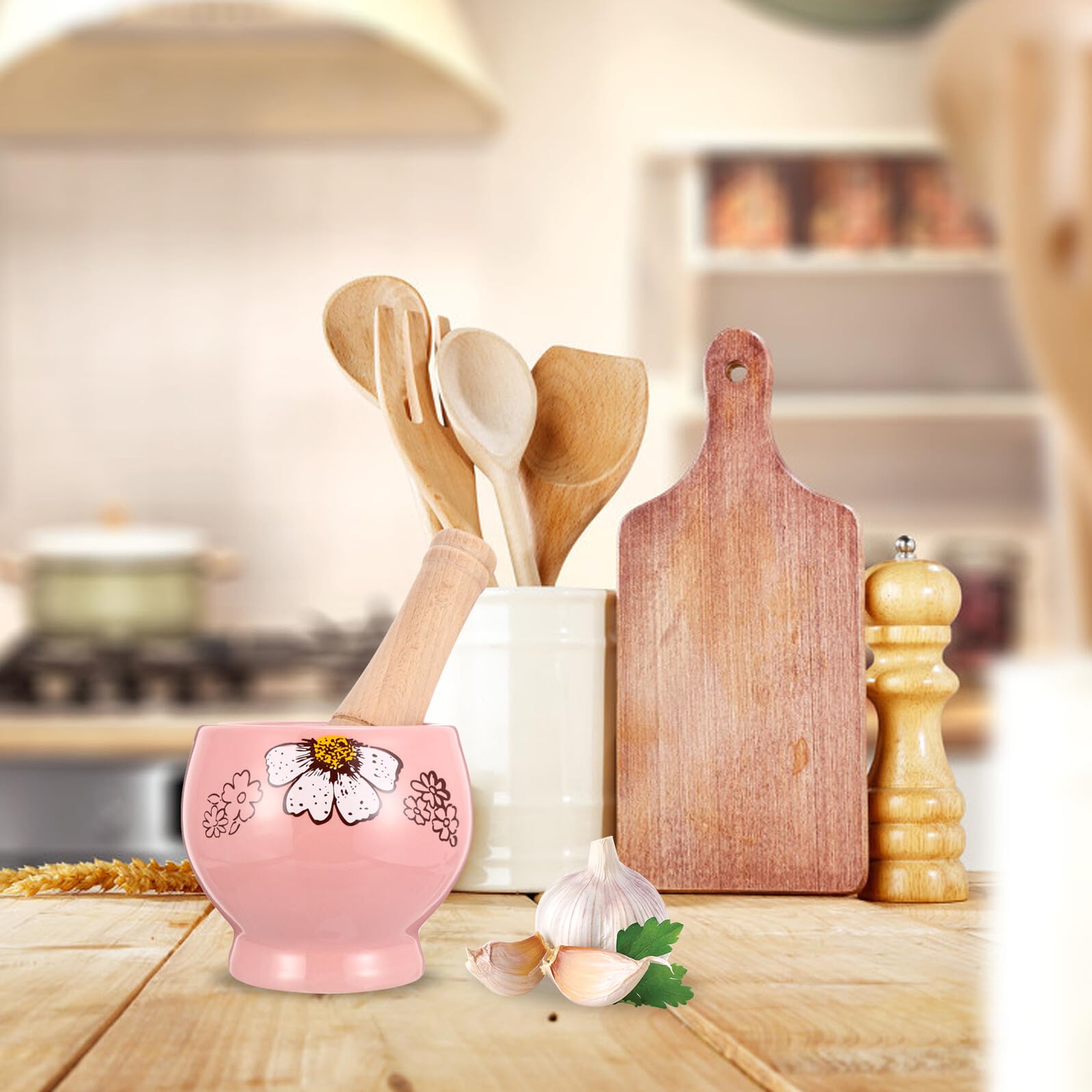 Keramik Mörser mit Stampfer 1 Satz Rosa, Rund mit Holzgriff | Knoblauch und Gewürze, Ergonomische Form, Tragbar, Küchenutensil für Einfaches Zerkleinern Zufällige Farbe