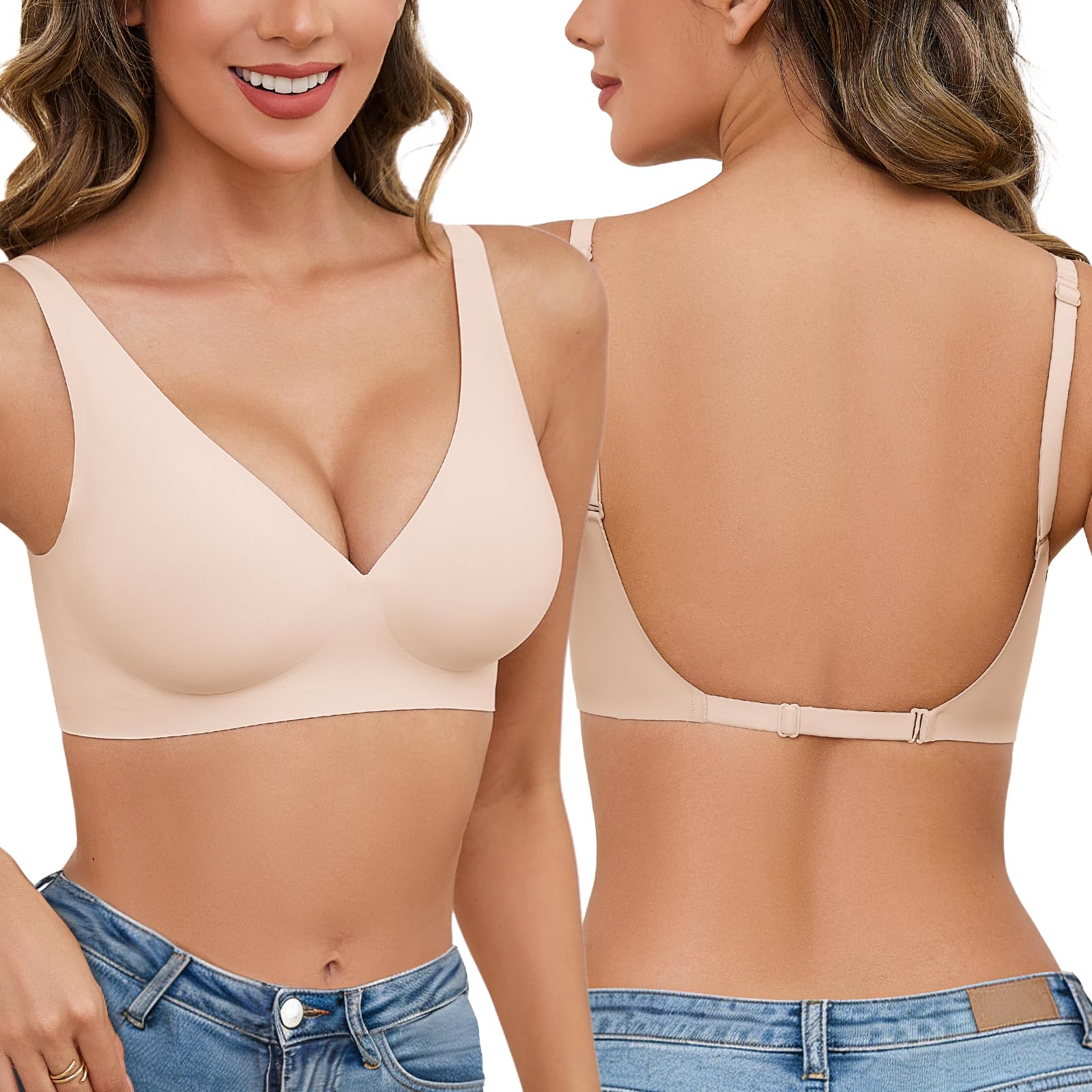 Niwicee Sujetador sin Espalda para Mujer Sujetadores sin Costuras Invisible Sujetador Push Up en V Profunda Sujetador Tirantes Multidireccionales Convertibles para Vestido y Boda