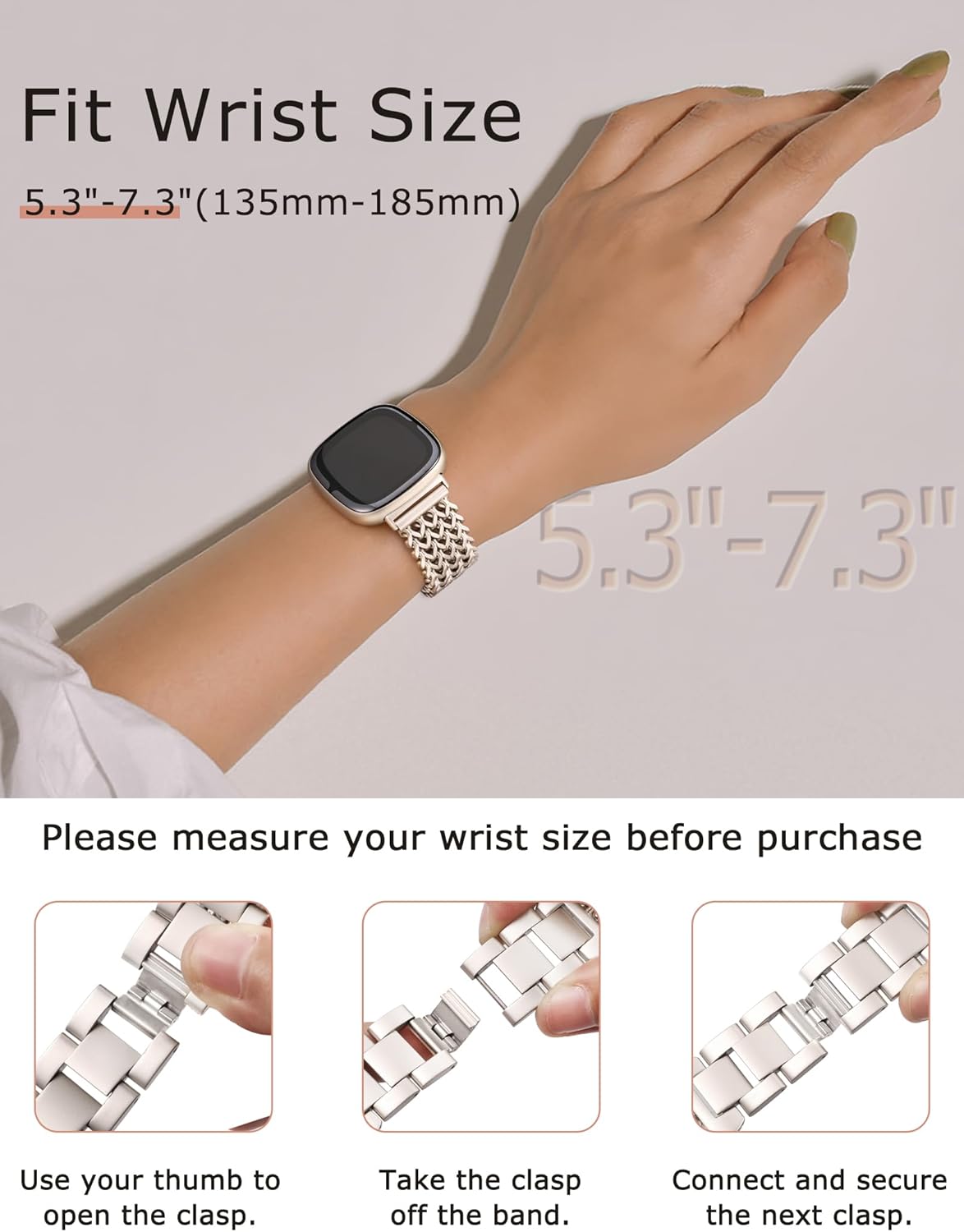 minyee metal bands compatible with fitbit sense 2/versa 4/versa 3/sense bands women, dressy stainless steel multi-chain designer luxury link bracelet wristband replacement strap starlight