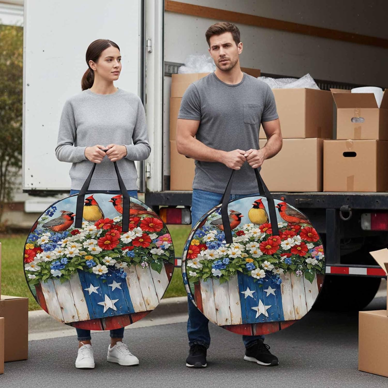 Cardinal Bird Poppy Round Storage Bag 36 Inch, 4th of July Patriotic USA Flag Clothes Storage Container with Handles Heavy Duty Organizer for Comforter, Bedding & Holiday Wreaths