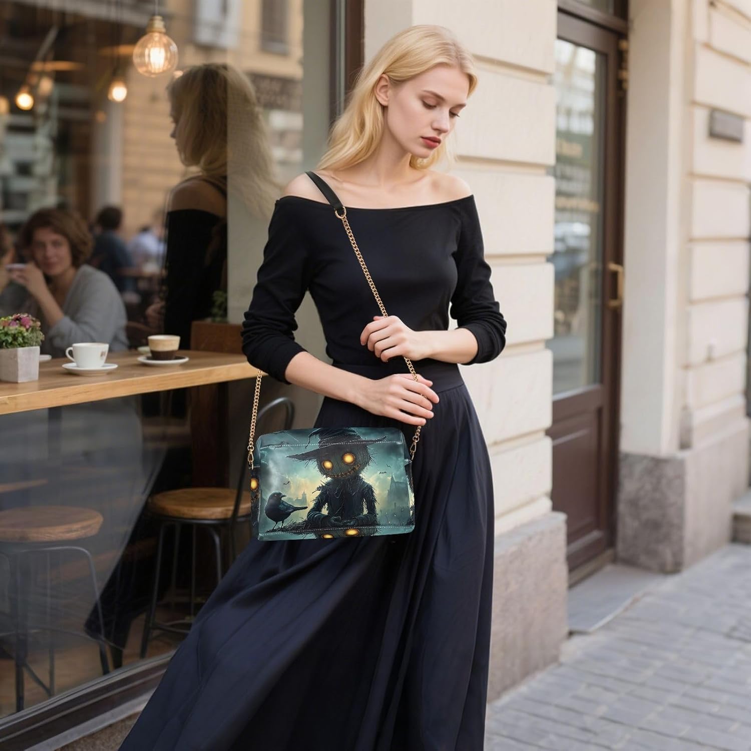 Women Crossbody Bag Shoulder Handbag Cellphone Purse Crow Monster Halloween Print, PU Leather Metal Chain Strap Water Resistant Zipper Closure