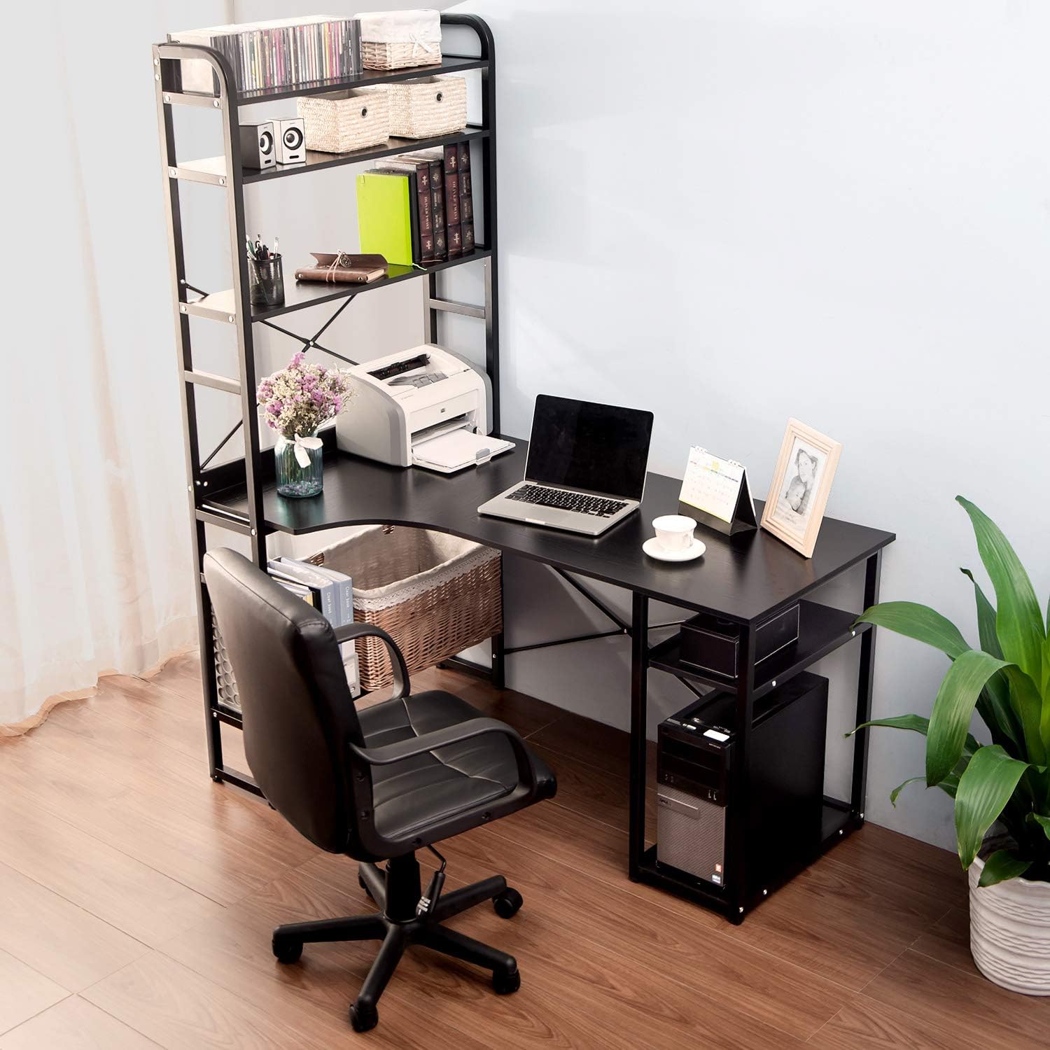 Hommoo Computer Desk with 4Tier Open Storage Shelves