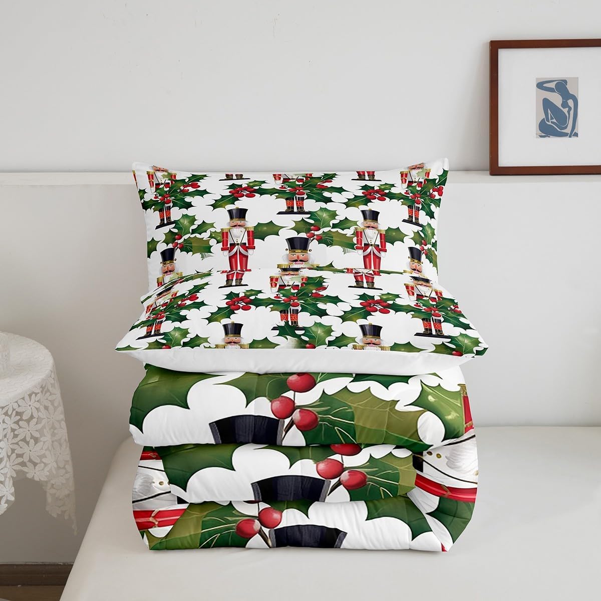 Feelyou Christmas Comforter Set Nutcracker Queen Size Comforter Snowflake Bedding Set Duvet Set Room Decor Santa Claus Quilt Set