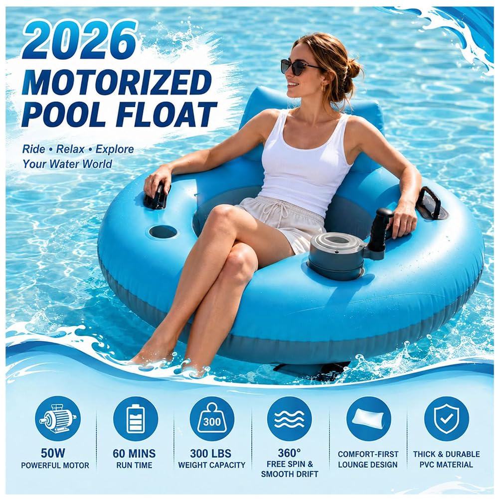 Motorisierte Pool-Liege, Elektrischer Pool-Float mit 360° Rotierendem Antrieb, 136kg Tragkraft - Getränkehalter und Rückenlehne, Aufblasbare Wasserliege für Pool, See, Strand und Sommerspaß