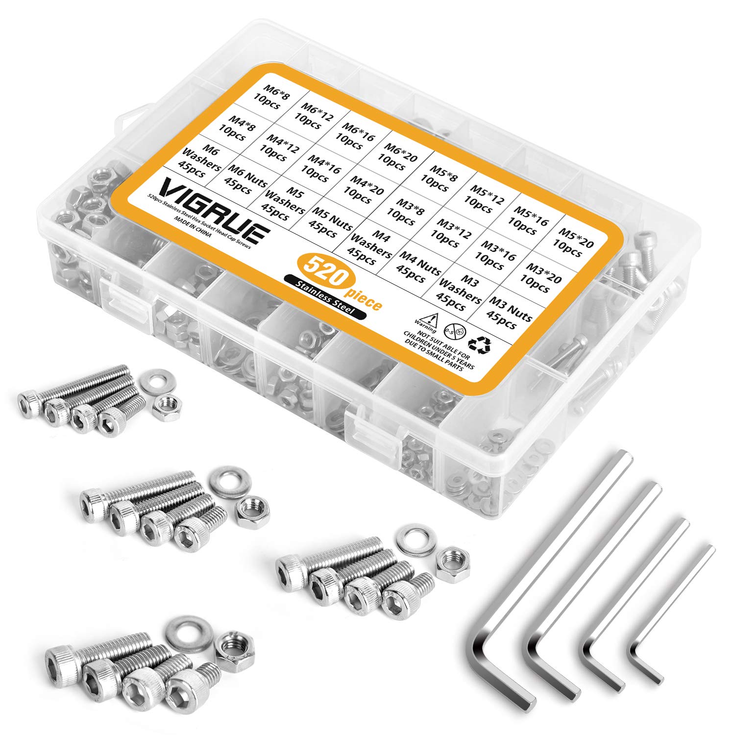 Kit 520PCS M3 M4 M5 M6 en Acier inoxydable Bouton à tête hexagonale Socket Tête Câble Boulons Vis avec écrous Assortiment - Vendu Par VIGRUE (Kit 520PCS)