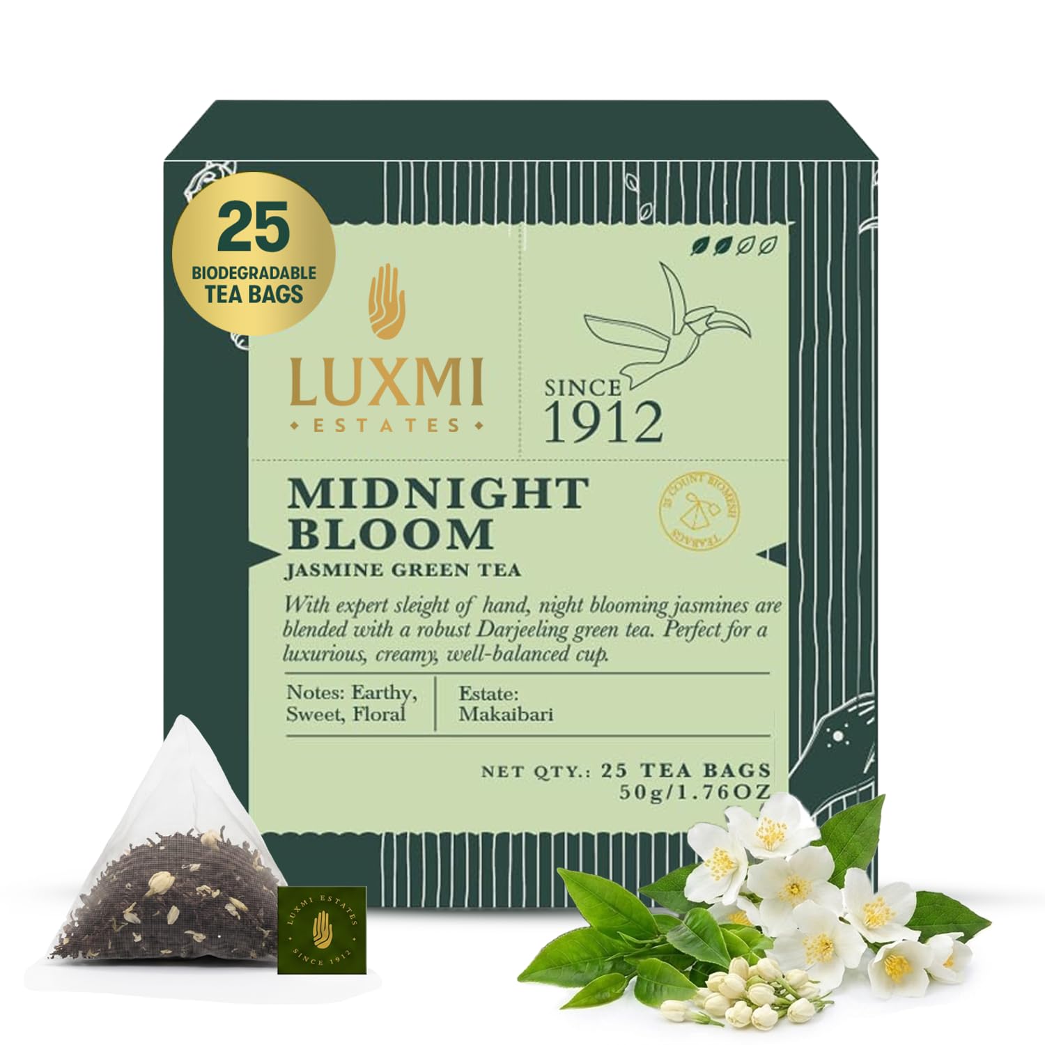 Luxmi Estates Midnight Bloom Jasmine Darjeeling Green Tea | 25 Biodegradable Tea Bags, 50g/1.76 oz Jasmine Green 25 Tea Bags