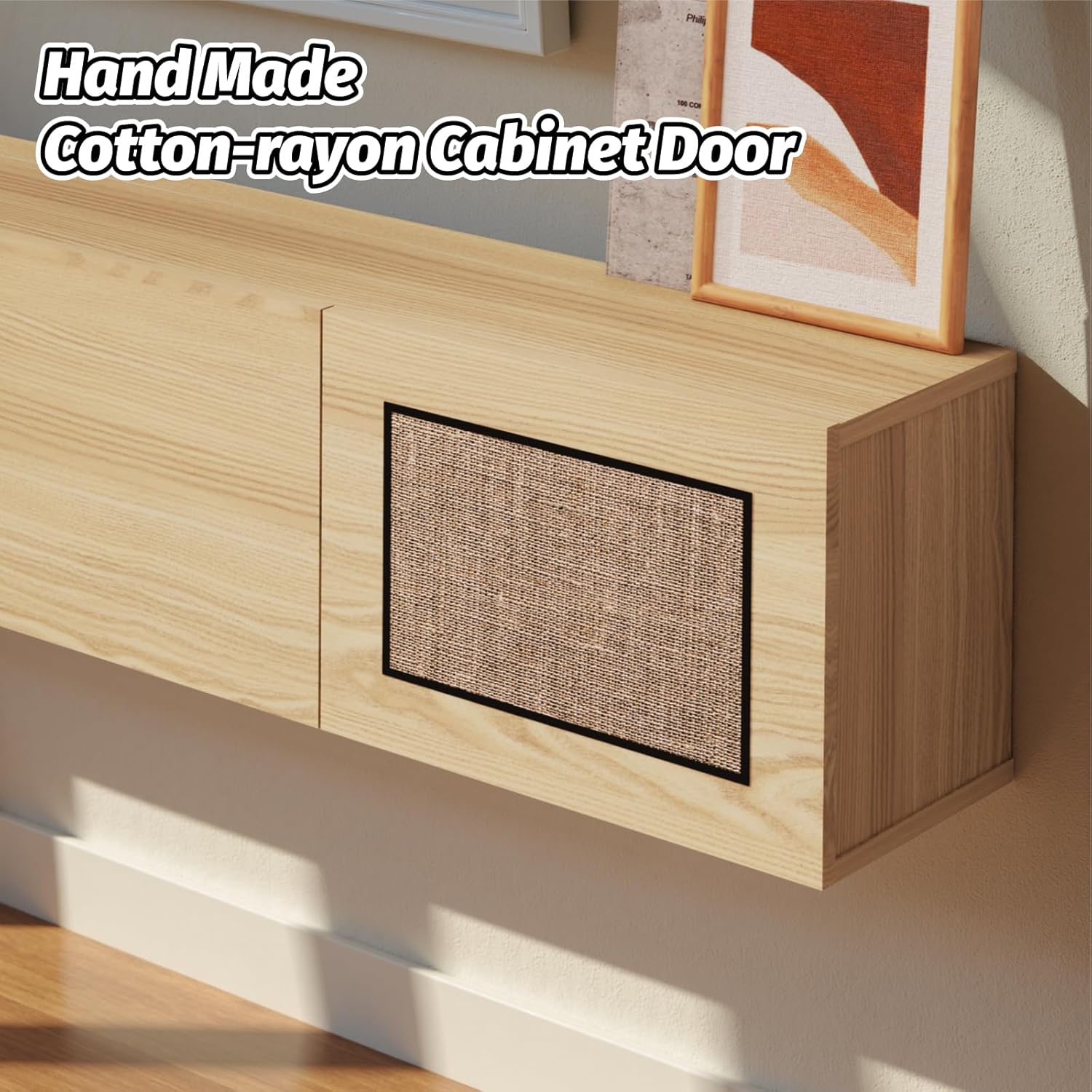 Pmnianhua Boho Floating TV Stand 55", Modern Wall Mounted Media Console with Cotton-Rayon Doors for Under TV Shelf,Entertainment Center,Living Room,Bedroom(Natural)