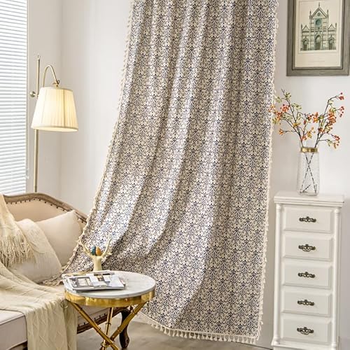 Sutuo Home Boho Curtain 84 Inches Length Semi-Blackout Bohemian Damask Moroccan Florals Print Darkening Curtains Tassels, Rod Pocket Window Treatment Drapes For Bedroom, 1 Panel 59" W X 84" L, Blue #TOP13