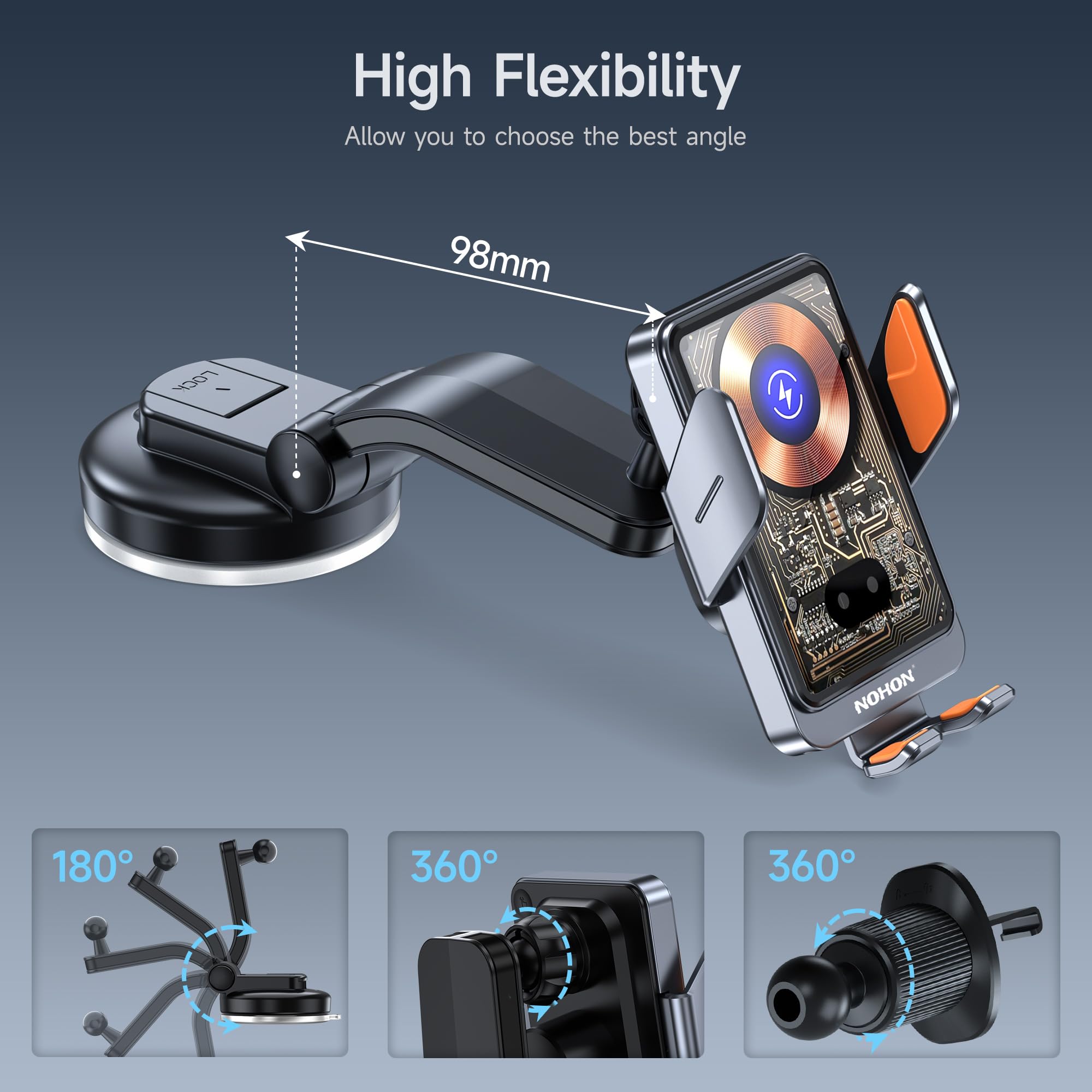 NOHON 15W Qi Caricatore Wireless Auto：Supporto Telefono Auto con Clip Ventosa per iPhone 17 16 15 14 13 12,Samsung,Xiaomi,360° Rotazione Auto-Bloccaggio Porta Cellulare Ricarica Wireless Auto