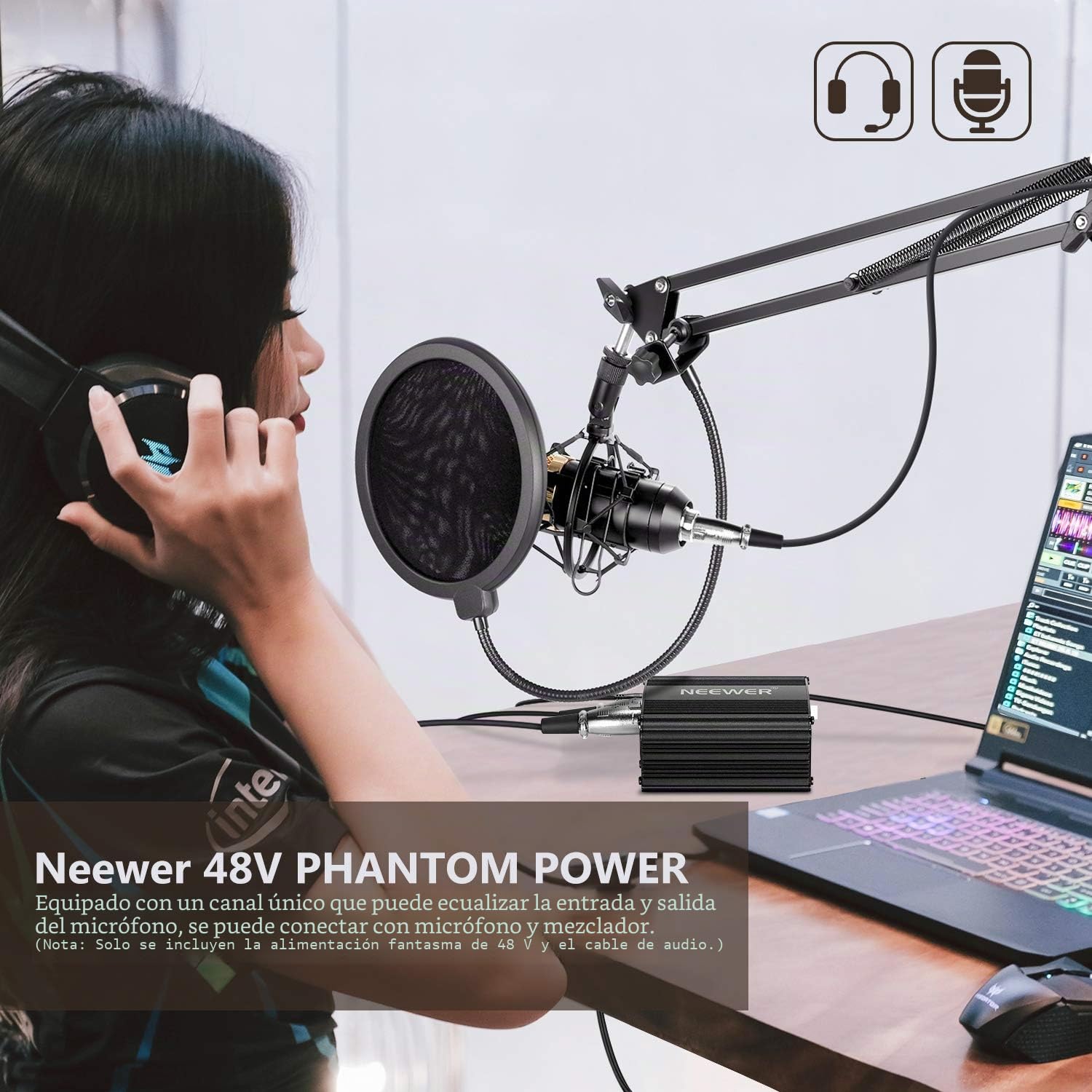 Neewer 1-Canal Phantom 48V Alimentación Suplimiento Negro con Adaptador y Cable de Audio XLR para Caulquier Micrófono Condensador Músico Equipo de Grabación
